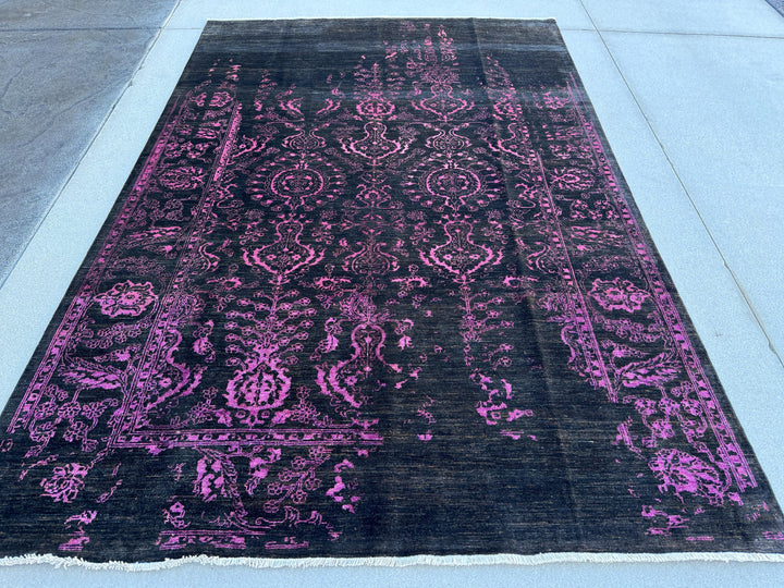 7x10 (203 x 294cm) Handmade Afghan Rug | Black Charcoal Grey Magenta Rose Pink Saffron Gold Cream Ivory | Wool Hand Knotted Heriz Serapi