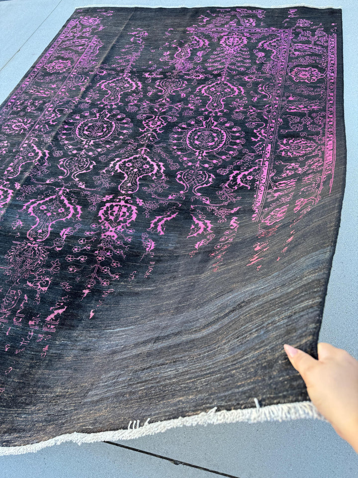 7x10 (203 x 294cm) Handmade Afghan Rug | Black Charcoal Grey Magenta Rose Pink Saffron Gold Cream Ivory | Wool Hand Knotted Heriz Serapi