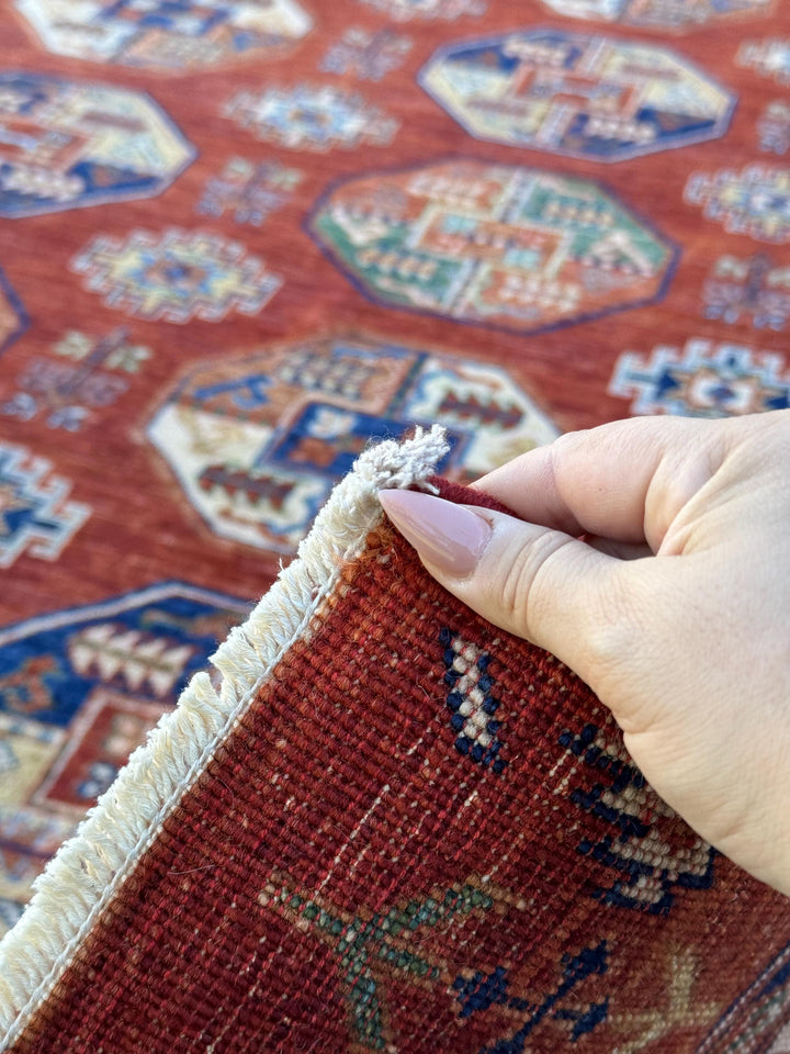 8x10 (248 x 307cm) Handmade Afghan Rug | Brick Red Auburn Rust Terracotta Navy Denim Powder Blue Hazel Moss Green Saffron Gold Beige Ivory