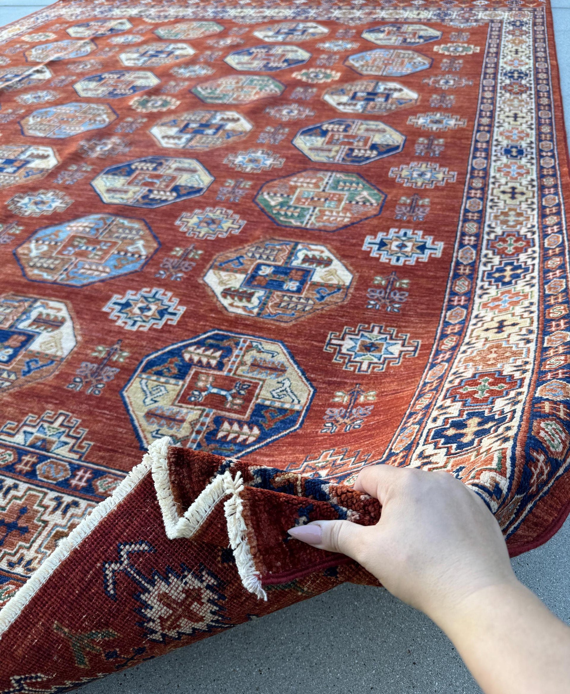 8x10 (248 x 307cm) Handmade Afghan Rug | Brick Red Auburn Rust Terracotta Navy Denim Powder Blue Hazel Moss Green Saffron Gold Beige Ivory