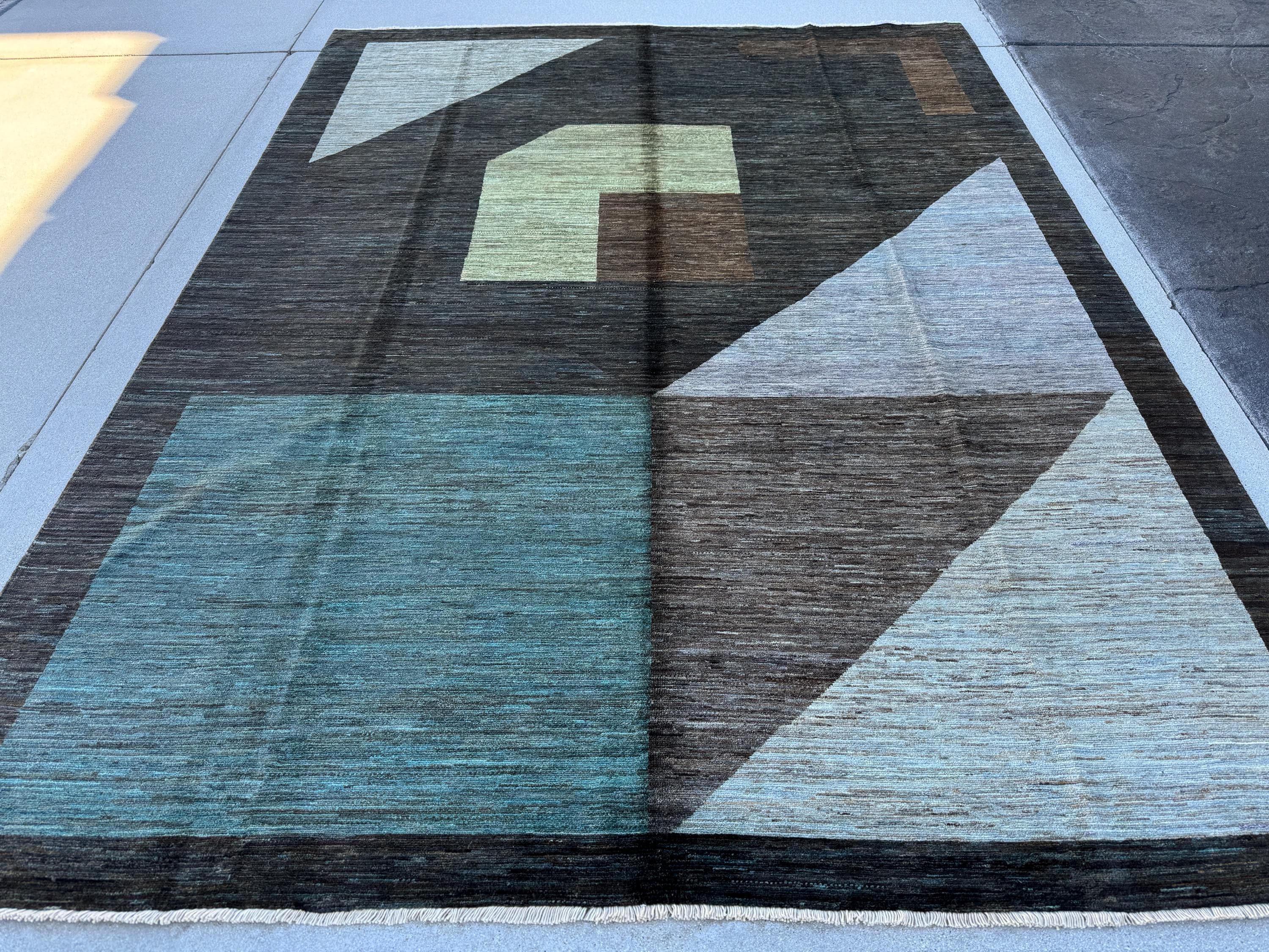 7x10 (226 x 299cm) Handmade Afghan Rug | Black Charcoal Slate Grey Mocha Caramel Brown Powder Blue Teal Forest Green Yellow Lime Cream Ivory