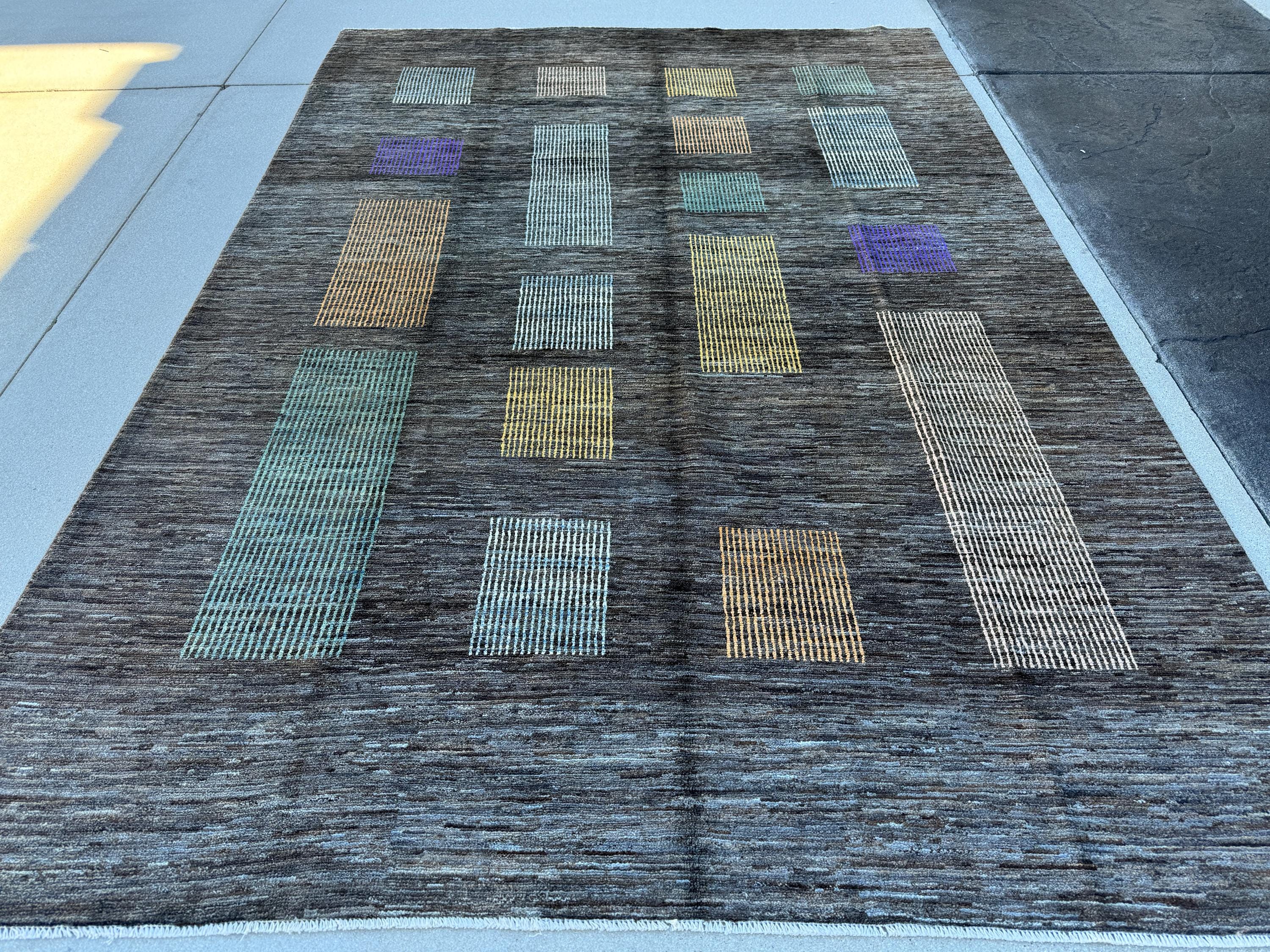 7x10 (210 x 302cm) Handmade Afghan Rug | Charcoal Slate Grey Caramel Peach Orange Powder Blue Teal Violet Purple Gold Yellow Cream Ivory