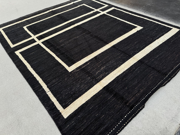 8x10 Handmade Afghan Kilim Rug | Black Charcoal Cornsilk Saffron Yellow Gold | Flatweave Flatwoven Luxury Wool Quality Modern