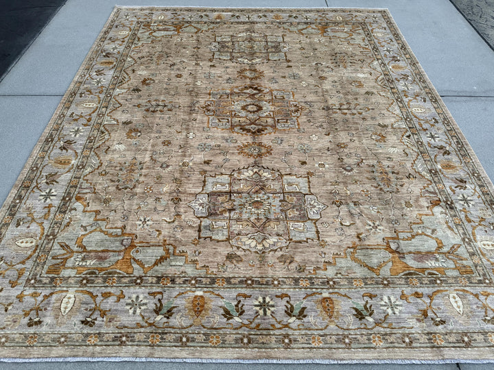 8x10 (244x305) Hand Knotted Afghan Rug | Cream Beige Tan Sand Caramel Brown Sky Powder Blue Orange | Wool Heriz Persian Neutral Floral