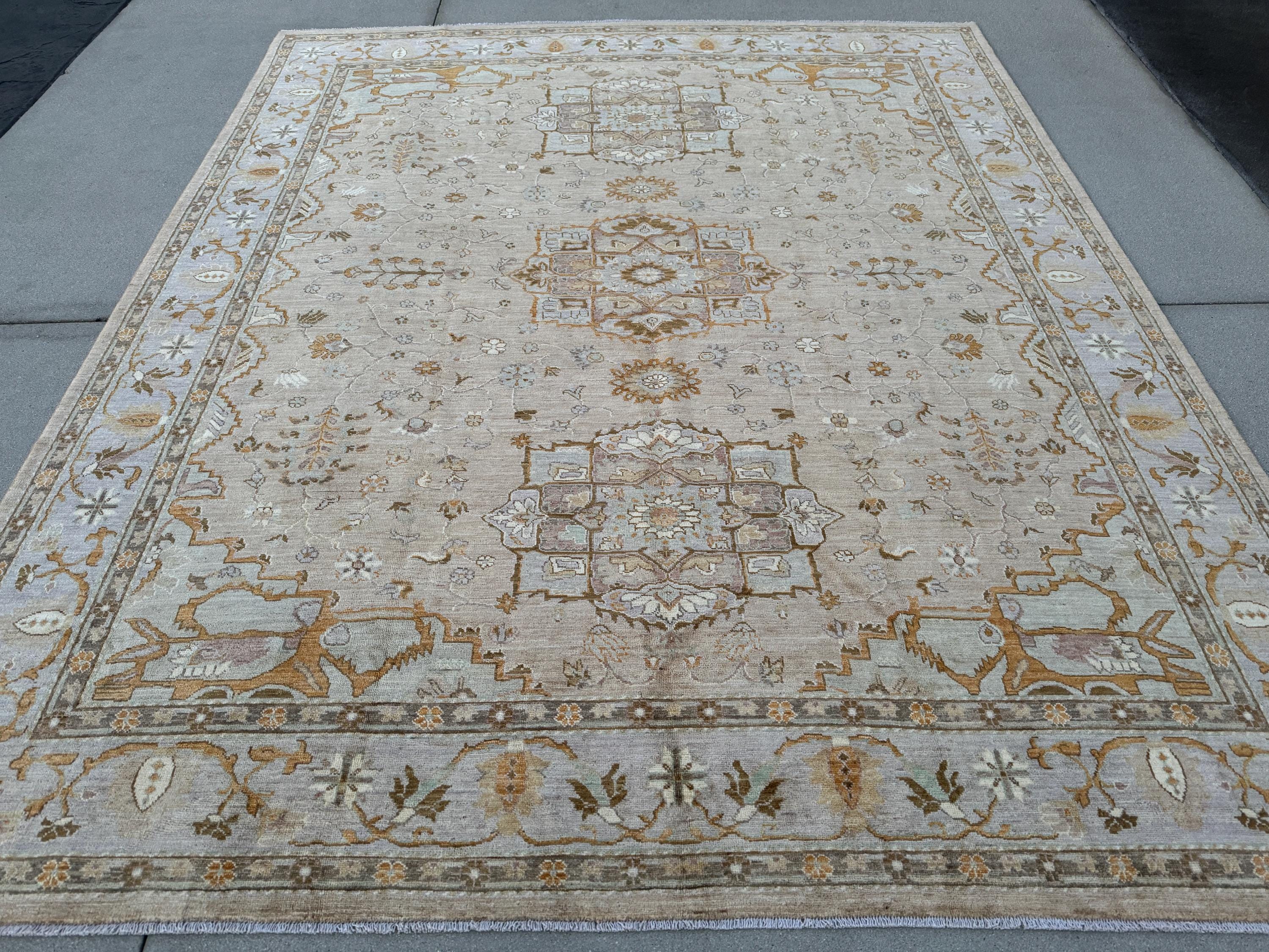 8x10 (244x305) Hand Knotted Afghan Rug | Cream Beige Tan Sand Caramel Brown Sky Powder Blue Orange | Wool Heriz Persian Neutral Floral