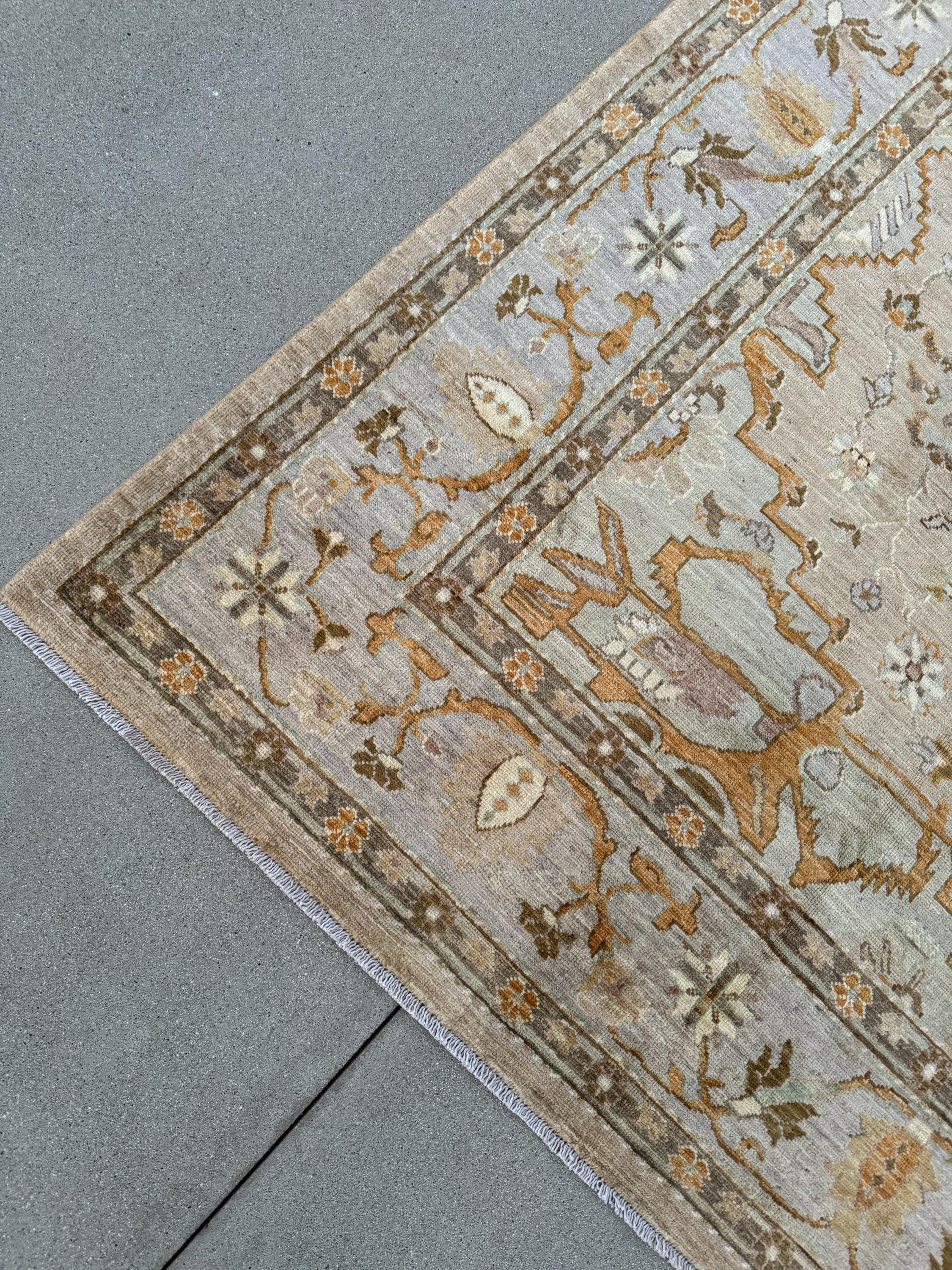 8x10 (244x305) Hand Knotted Afghan Rug | Cream Beige Tan Sand Caramel Brown Sky Powder Blue Orange | Wool Heriz Persian Neutral Floral