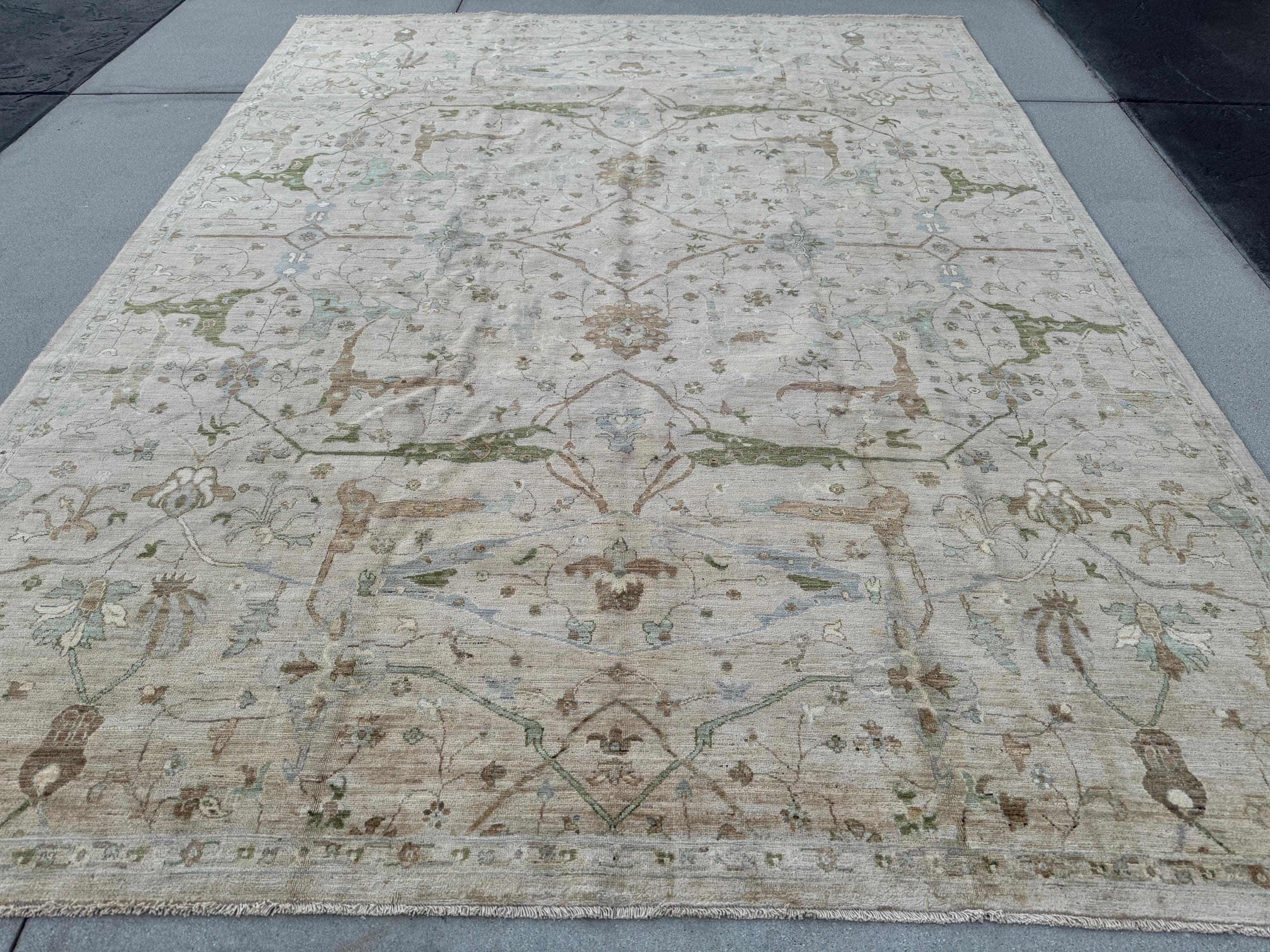 9x12 (274x366) Hand Knotted Afghan Rug | Neutral Cream Tan Beige Pine Green Sky Powder Blue Gold | Wool Floral Persian Heriz