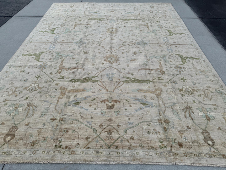 9x12 (274x366) Hand Knotted Afghan Rug | Neutral Cream Tan Beige Pine Green Sky Powder Blue Gold | Wool Floral Persian Heriz