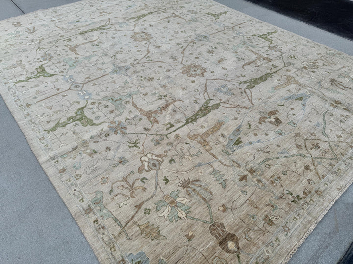 9x12 (274x366) Hand Knotted Afghan Rug | Neutral Cream Tan Beige Pine Green Sky Powder Blue Gold | Wool Floral Persian Heriz