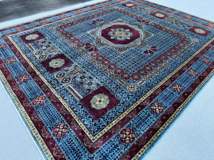 8x10 (254 x 307cm) Handmade Afghan Rug | Brick Crimson Blood Red Auburn Navy Denim Sky Powder Blue Moss Sage Green Saffron Gold Beige Ivory