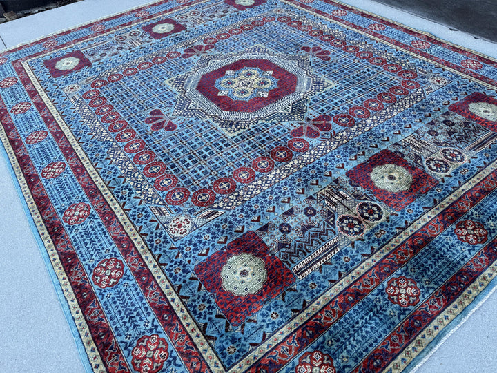 8x10 (254 x 307cm) Handmade Afghan Rug | Brick Crimson Blood Red Auburn Navy Denim Sky Powder Blue Moss Sage Green Saffron Gold Beige Ivory