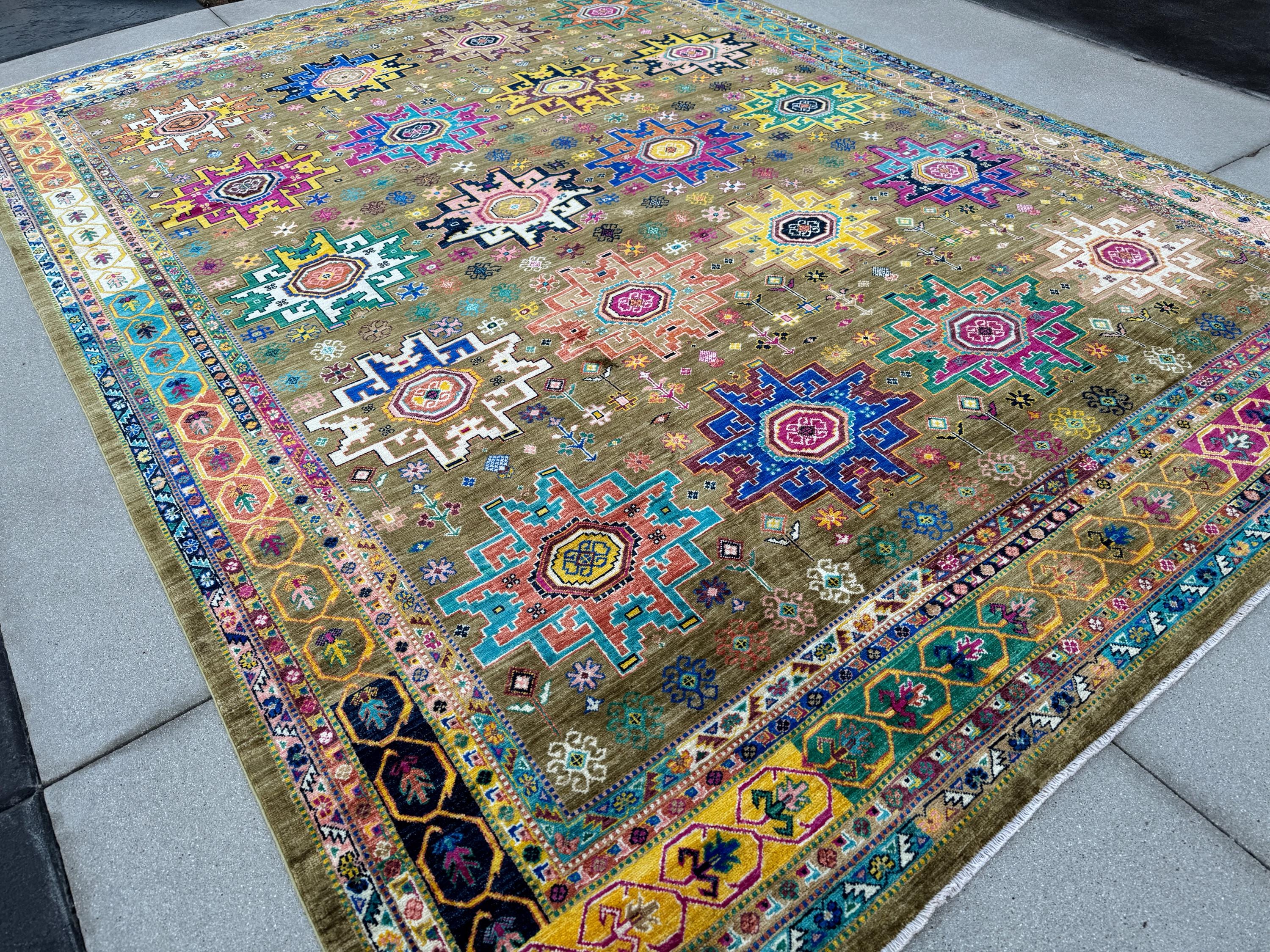 10x14 Handmade Afghan Wool Rug | Tribal Medallion Design | Olive and Moss Green Geometric Carpet