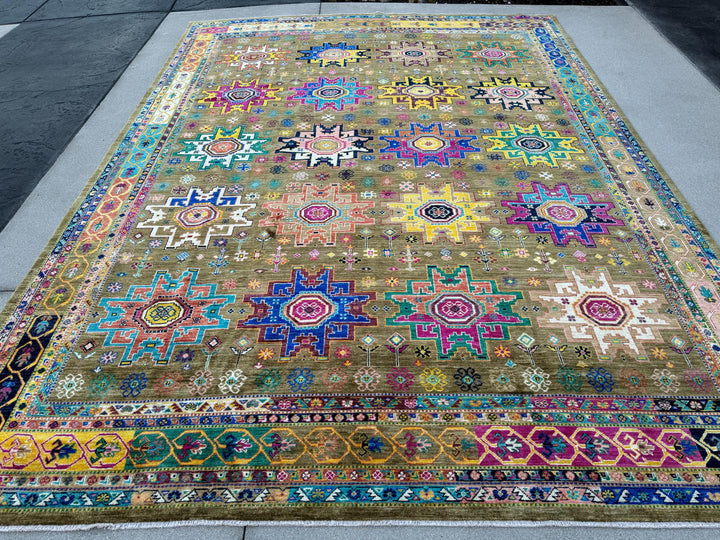 10x14 Handmade Afghan Wool Rug | Tribal Medallion Design | Olive and Moss Green Geometric Carpet