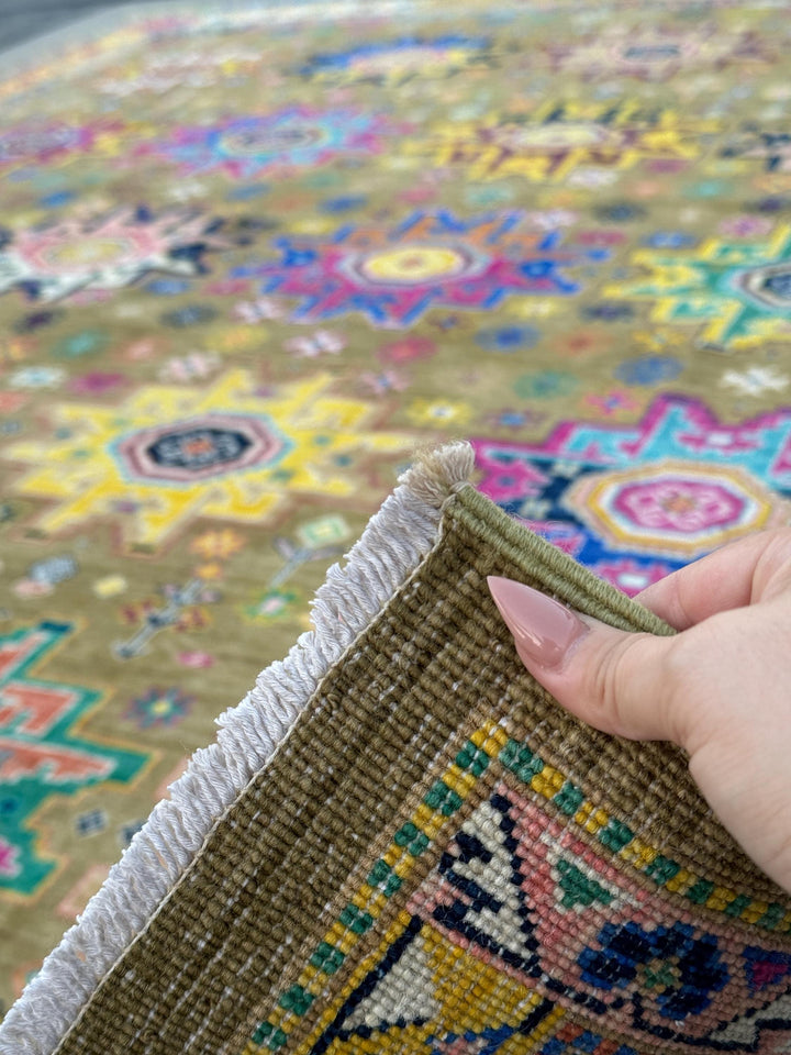 10x14 Handmade Afghan Wool Rug | Tribal Medallion Design | Olive and Moss Green Geometric Carpet