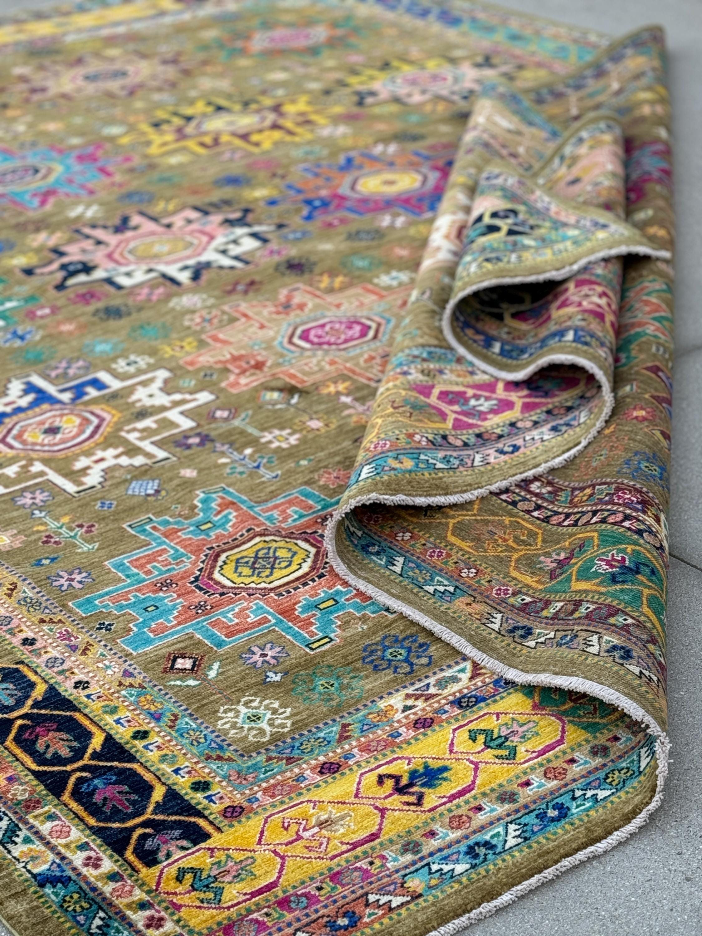 10x14 Handmade Afghan Wool Rug | Tribal Medallion Design | Olive and Moss Green Geometric Carpet