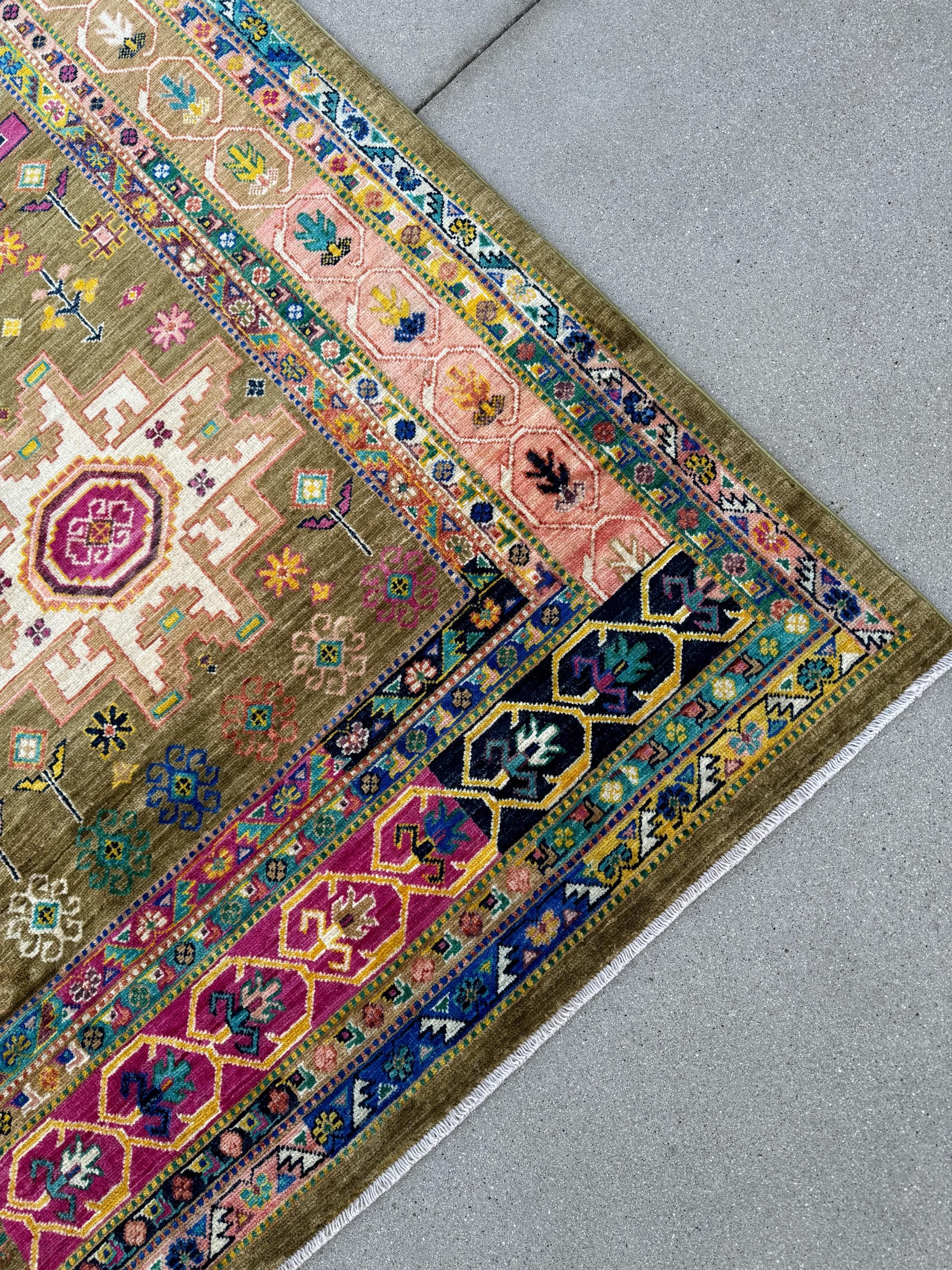 10x14 Handmade Afghan Wool Rug | Tribal Medallion Design | Olive and Moss Green Geometric Carpet