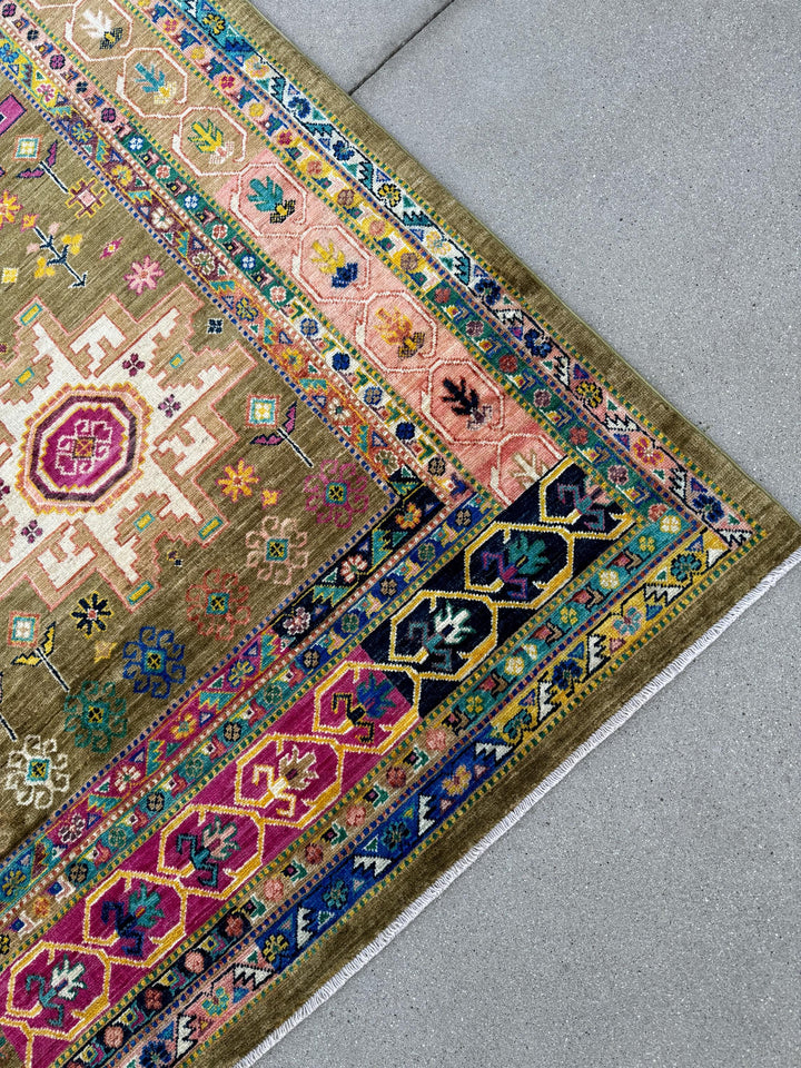 10x14 Handmade Afghan Wool Rug | Tribal Medallion Design | Olive and Moss Green Geometric Carpet