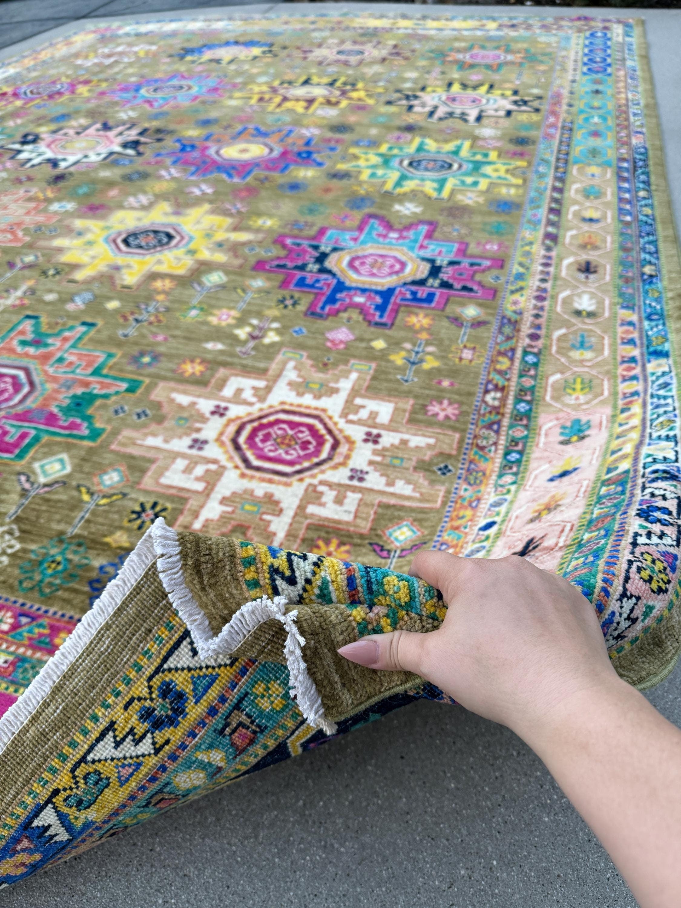 10x14 Handmade Afghan Wool Rug | Tribal Medallion Design | Olive and Moss Green Geometric Carpet