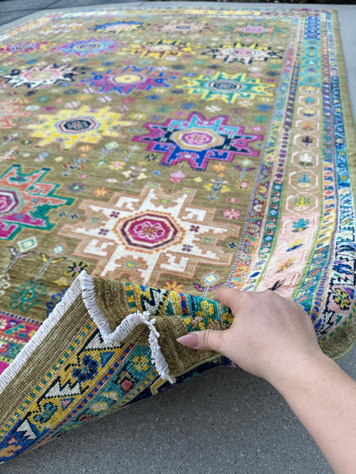 10x14 Handmade Afghan Wool Rug | Tribal Medallion Design | Olive and Moss Green Geometric Carpet