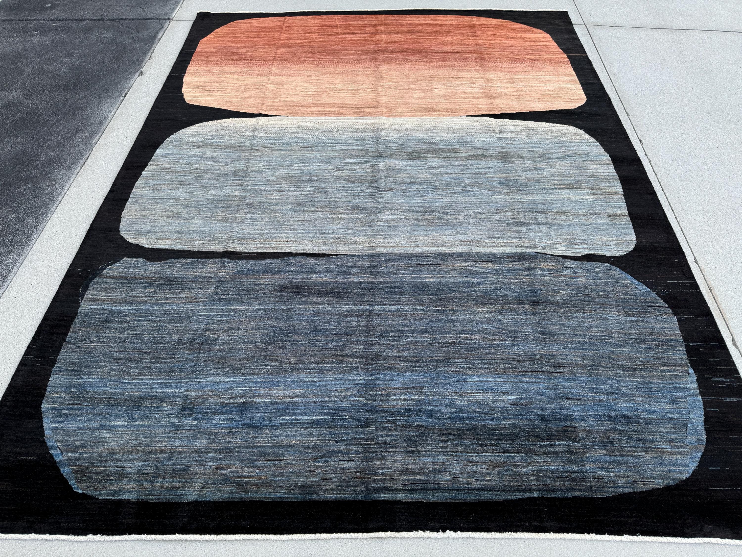 5x8 (223 x 294cm) Handmade Afghan Rug | Black Charcoal Slate Light Grey Light Powder Denim Prussian Blue Peach Rust Burnt Orange Terracotta