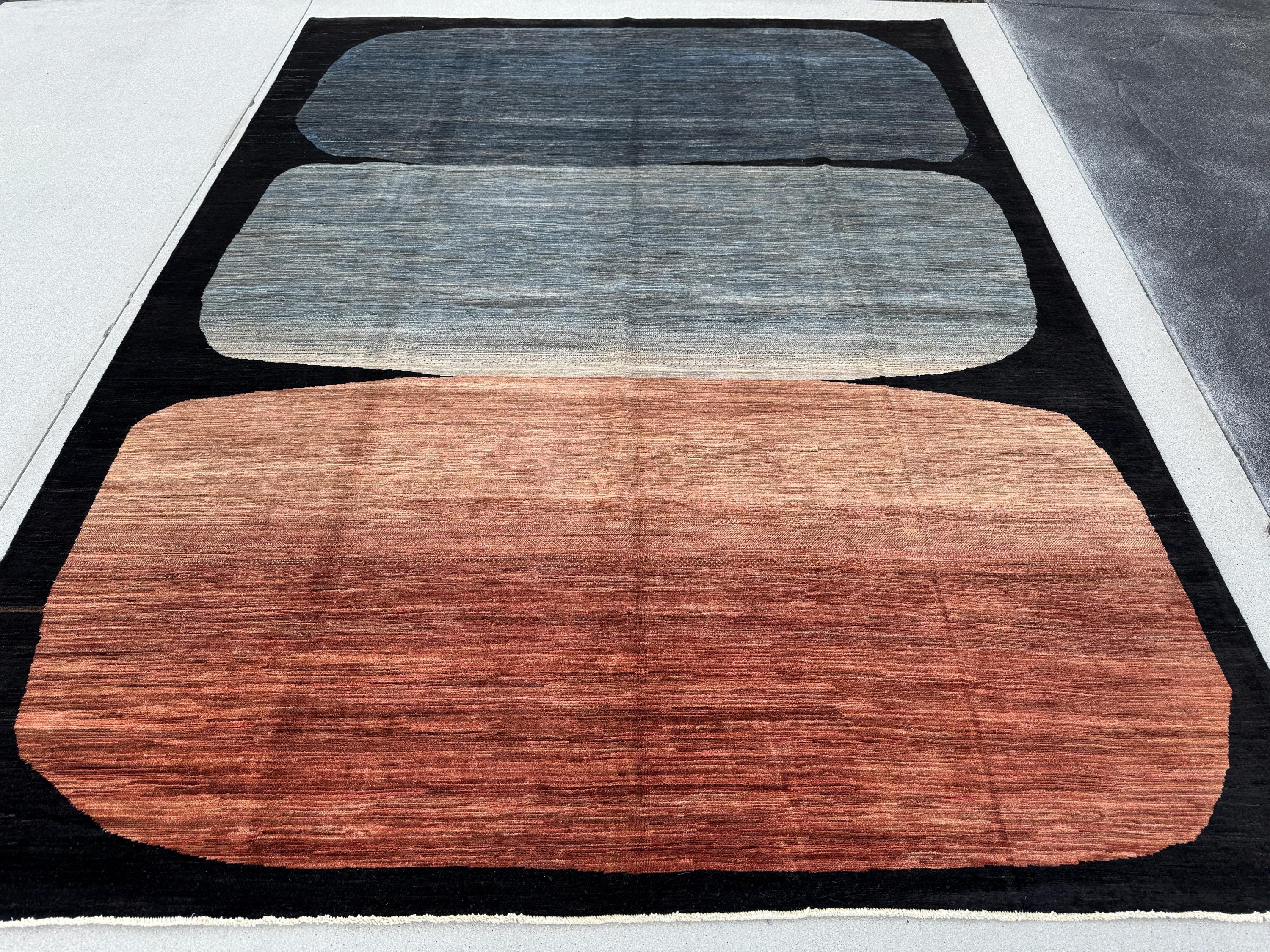 5x8 (223 x 294cm) Handmade Afghan Rug | Black Charcoal Slate Light Grey Light Powder Denim Prussian Blue Peach Rust Burnt Orange Terracotta