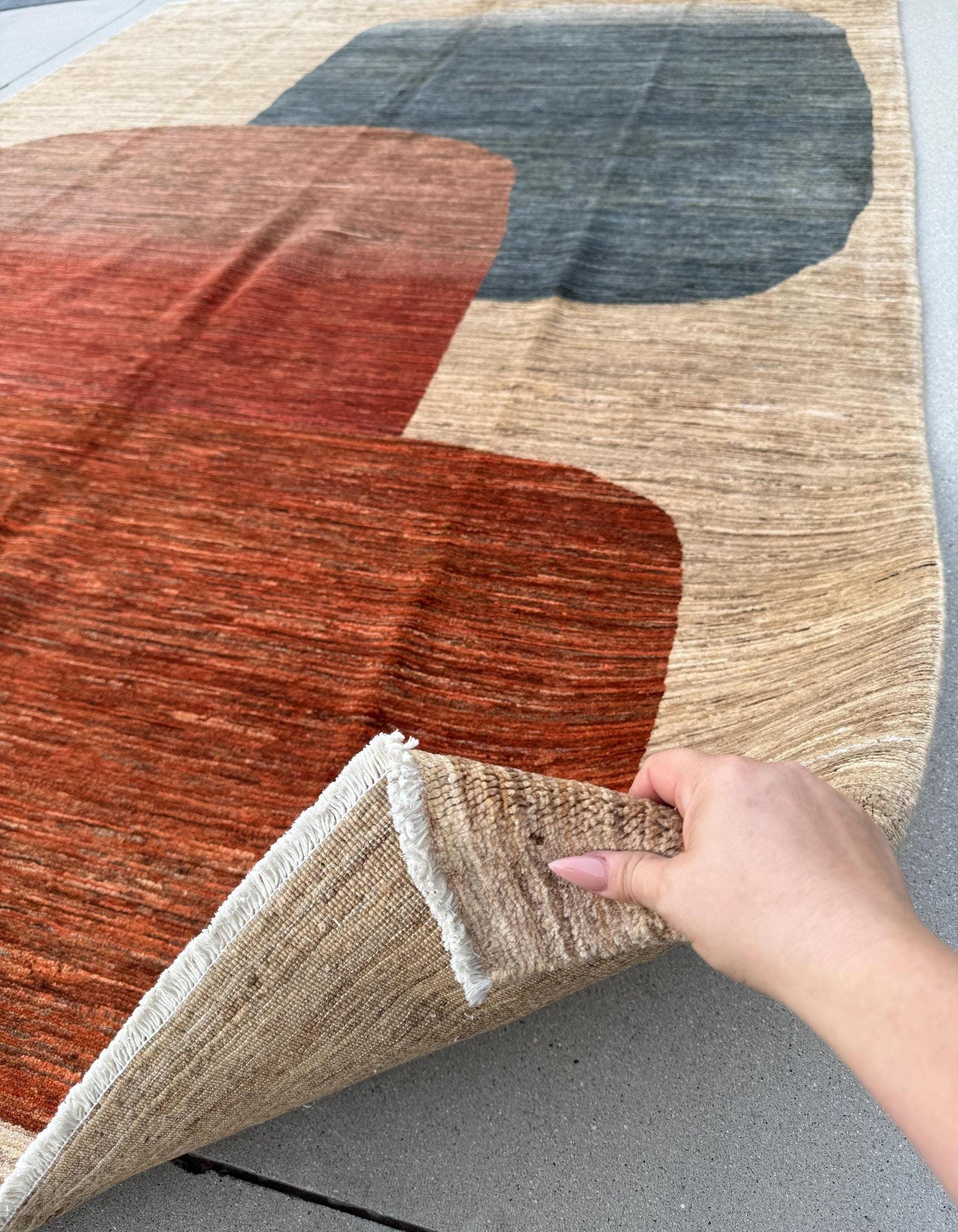 7x10 (218 x 254cm) Handmade Afghan Rug | Taupe Tan Beige Ivory Mocha Brown Light Powder Blue Rust Burnt Orange Peach Brick Garnet Maroon Red