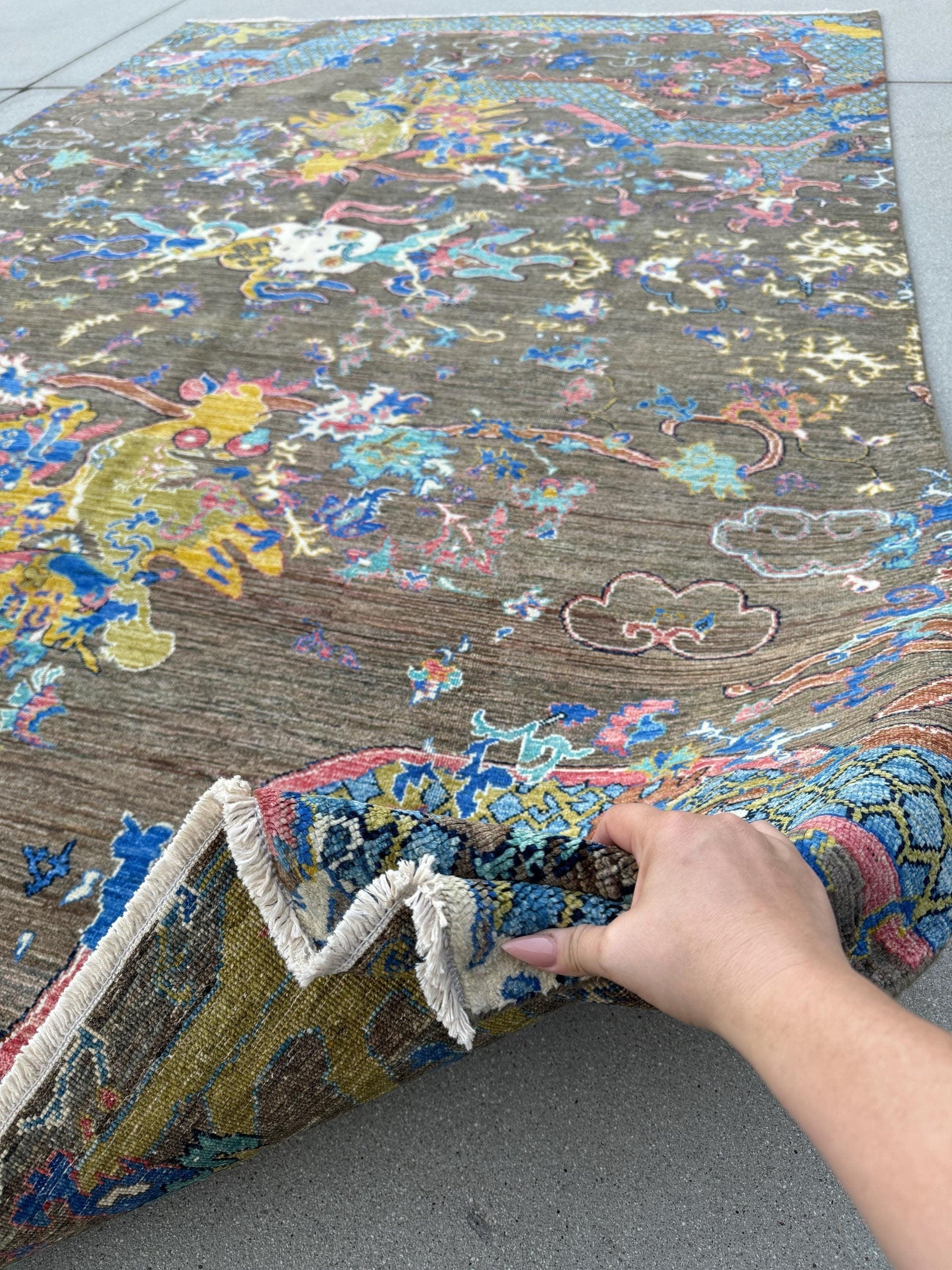 6x10 (213x305cm) Handmade Afghan Rug | Mocha Brown Taupe Grey Fuchsia Baby Pink Turquoise Teal Cornsilk Golden Yellow Forest Green Blood Red