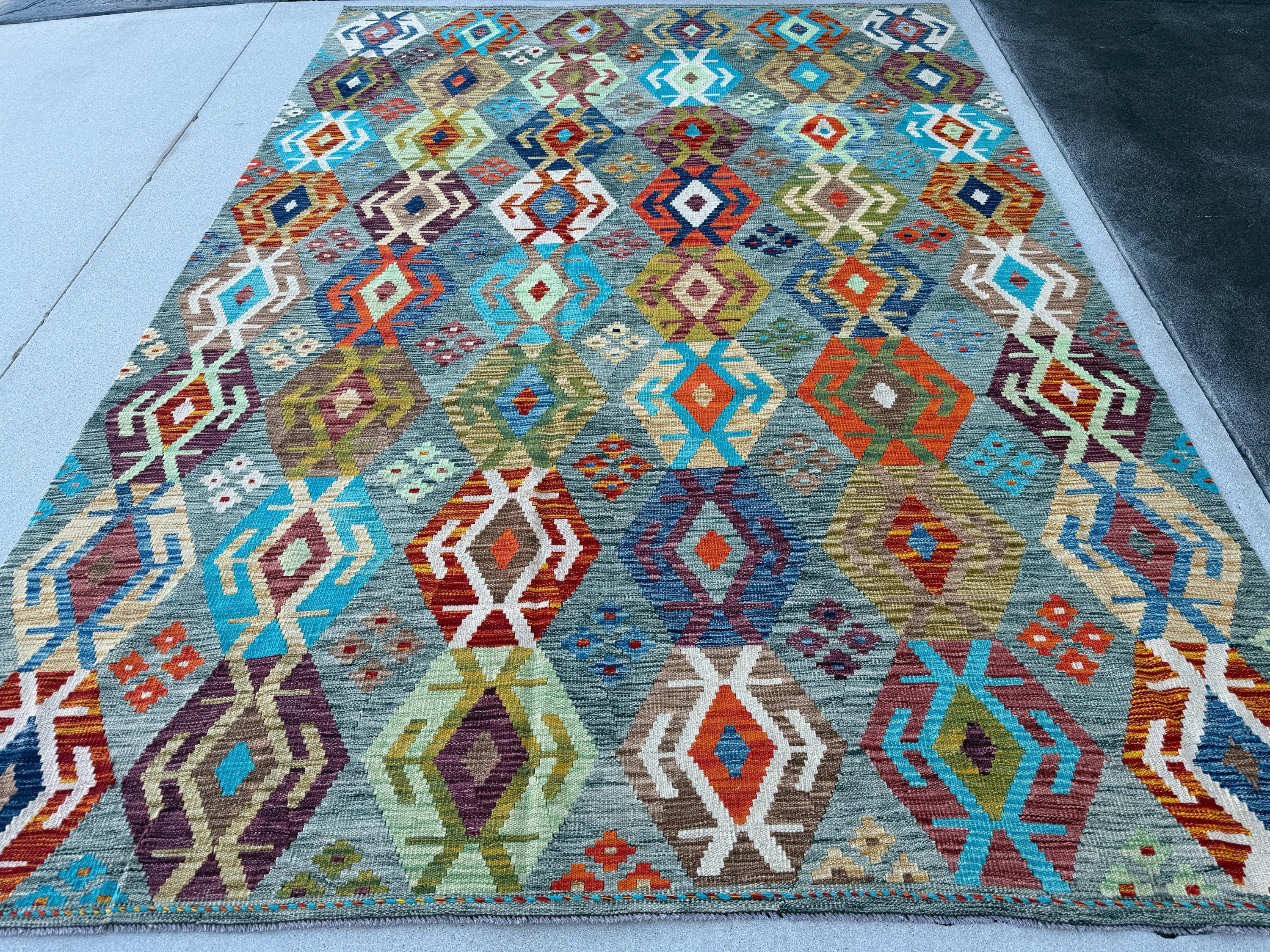 7x10 Handmade Afghan Kilim Rug Grey Burgundy White Ivory Denim Prussian Aqua Blue Turquoise Crimson Red Moss Chartreuse Eggplant Orange Mint