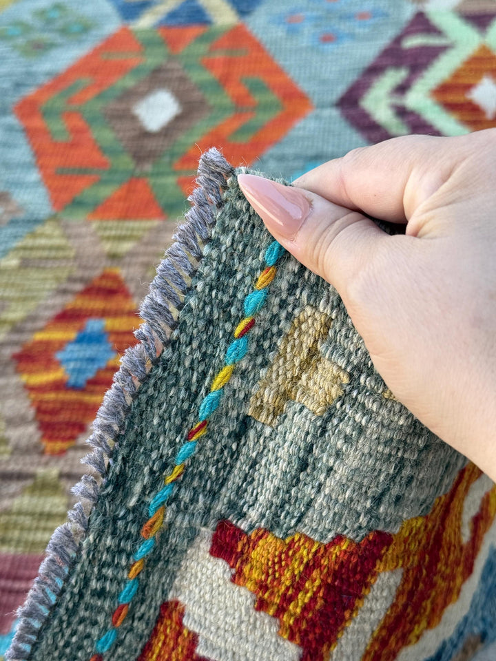 7x10 Handmade Afghan Kilim Rug Grey Burgundy White Ivory Denim Prussian Aqua Blue Turquoise Crimson Red Moss Chartreuse Eggplant Orange Mint