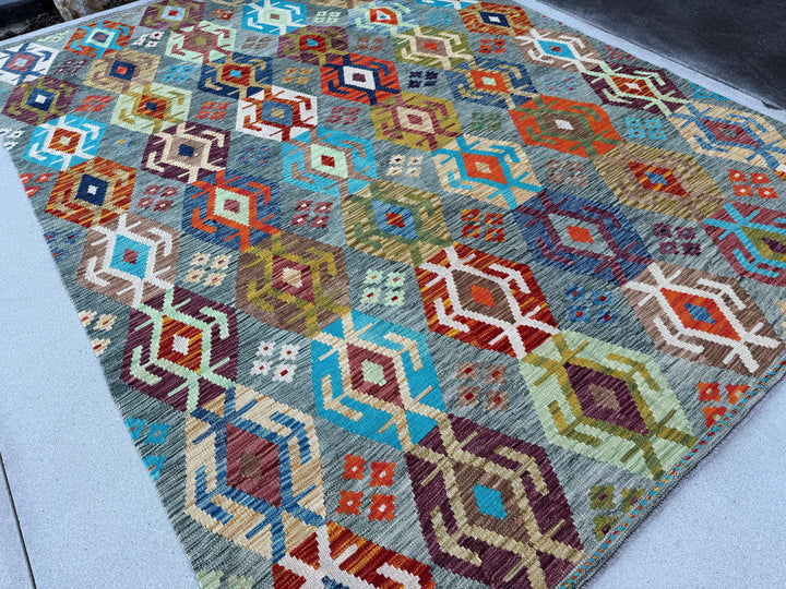 7x10 Handmade Afghan Kilim Rug Grey Burgundy White Ivory Denim Prussian Aqua Blue Turquoise Crimson Red Moss Chartreuse Eggplant Orange Mint