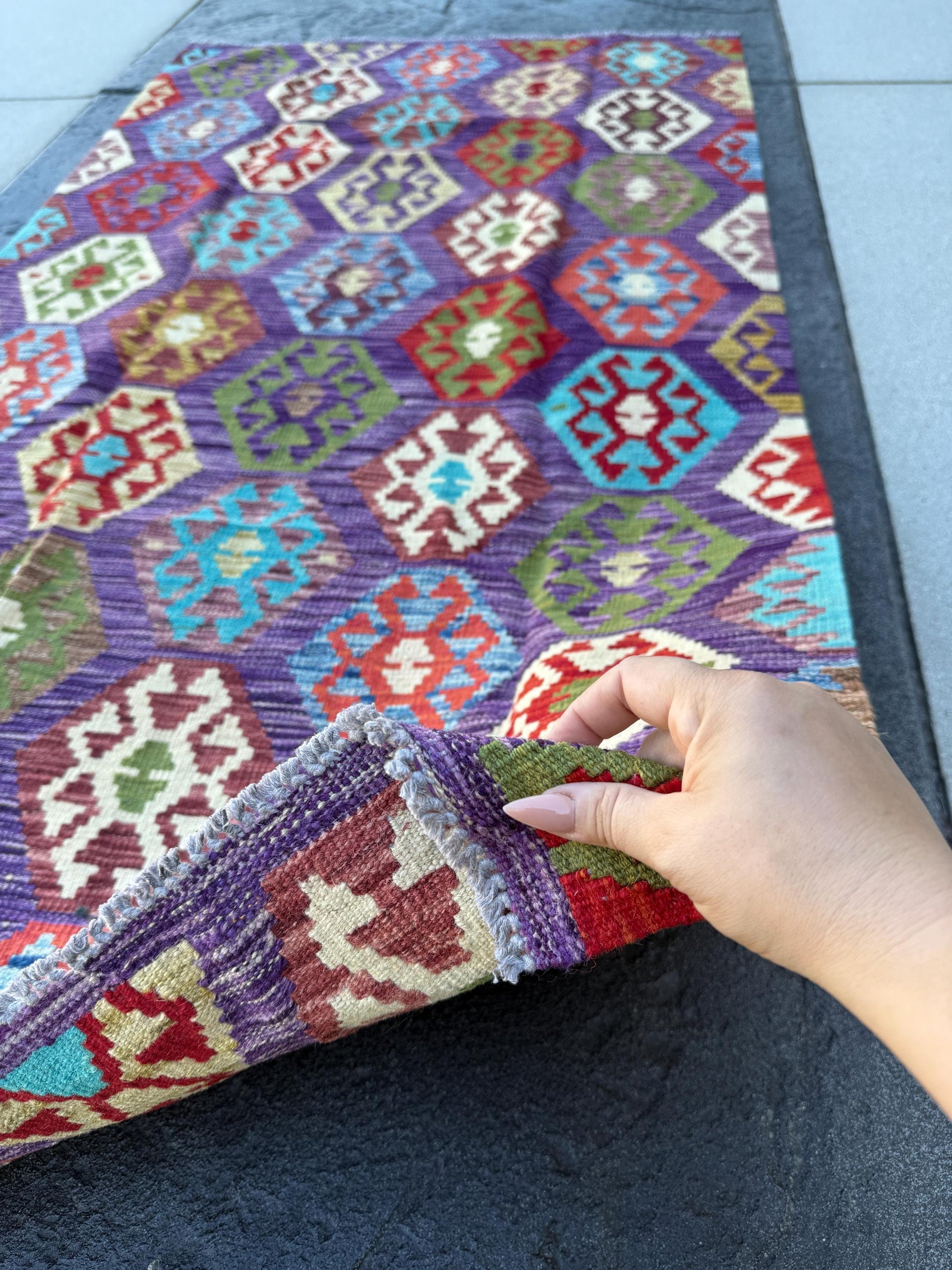 3x6~7 (91x203) Handmade Afghan Kilim Runner Rug Eggplant Purple Royal Aqua Blue Crimson Blood Red Beige Forest Chartreuse Green White Ivory