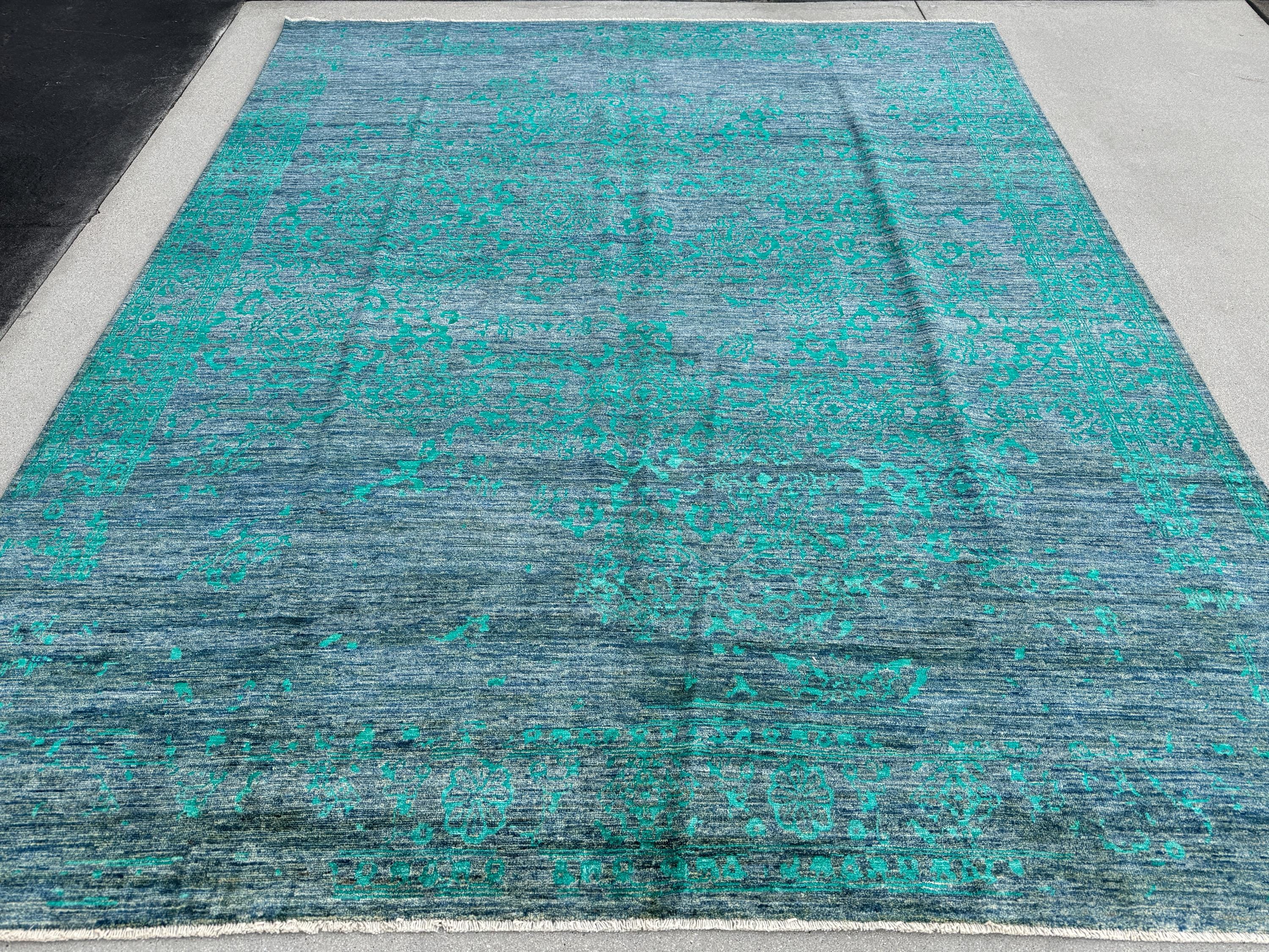 8x9 (248.9 x 297cm) Handmade Afghan Rug | Charcoal Slate Grey Black Teal Turquoise Blue Green Ivory Cream Beige | Flat Woven Layering Rug