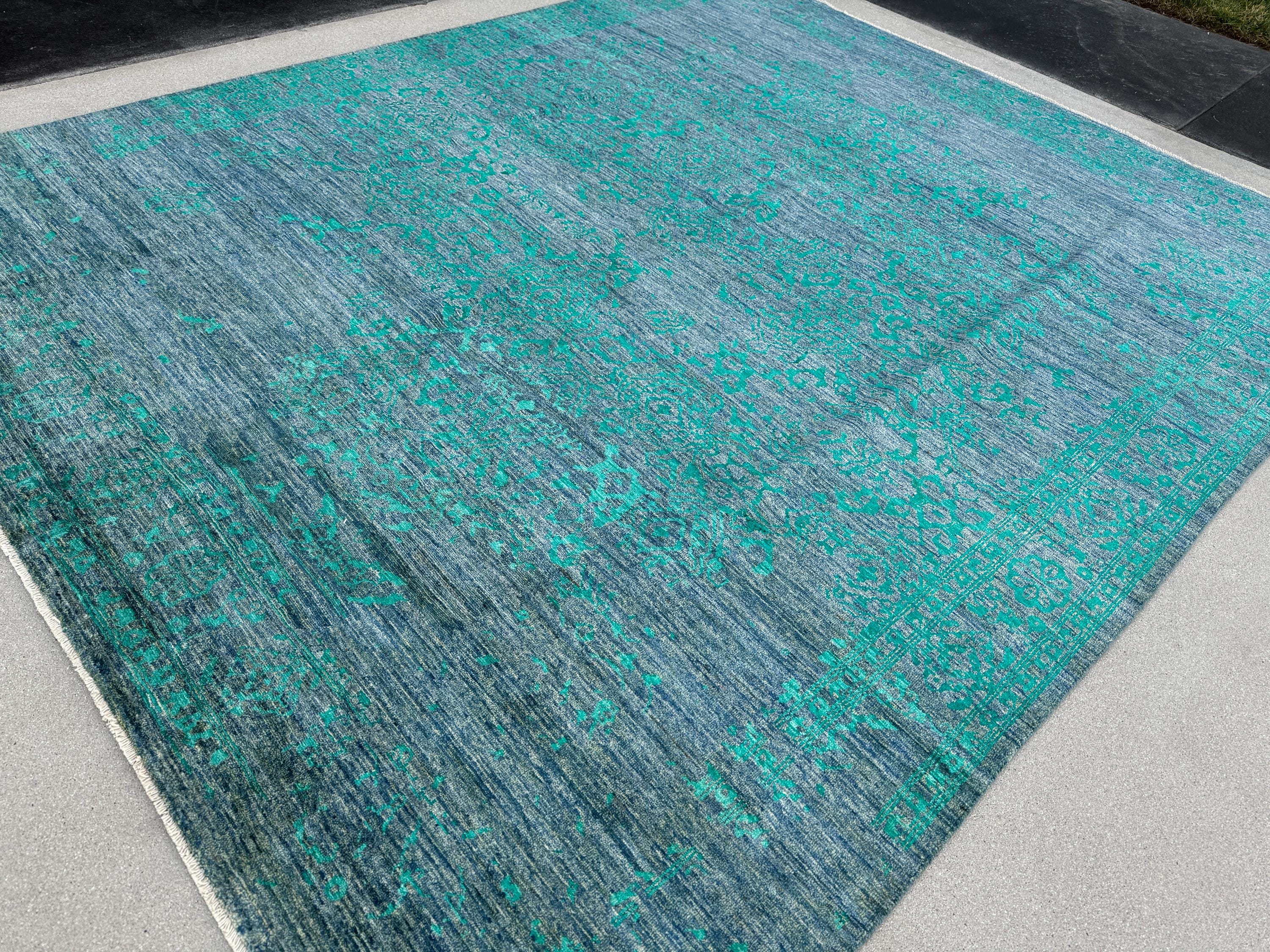 8x9 (248.9 x 297cm) Handmade Afghan Rug | Charcoal Slate Grey Black Teal Turquoise Blue Green Ivory Cream Beige | Flat Woven Layering Rug