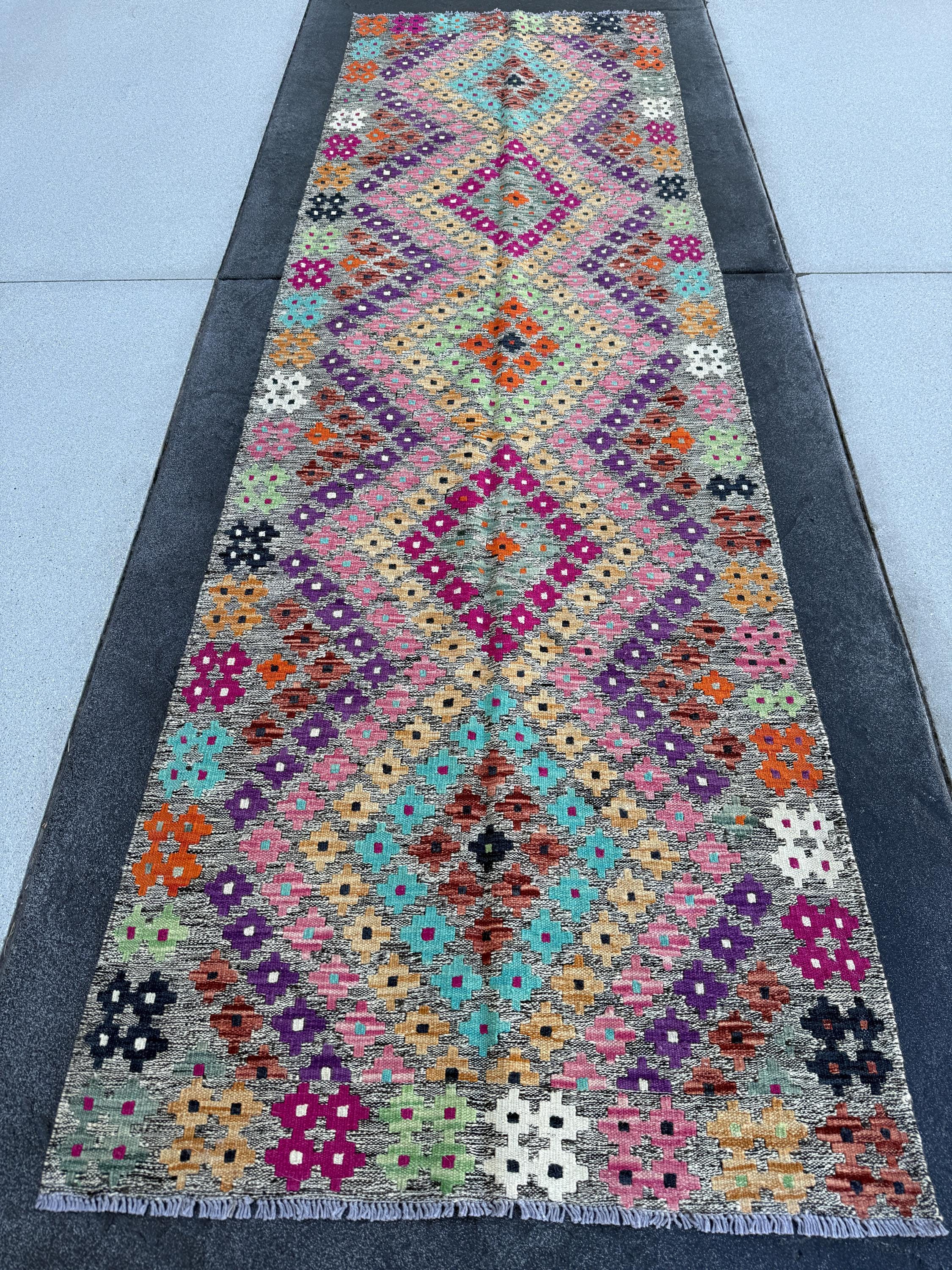 3x10 Handmade Afghan Kilim Runner Rug | Grey Eggplant Purple Orange Saffron Chocolate Brown Blush Pink Lime Green Aqua White Ivory Black