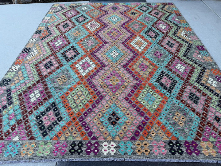 8x10-11 Handmade Afghan Kilim Rug | Grey Aqua Teal Mint Green Baby Pink Orange Saffron Chocolate Brown Burgundy White Ivory Eggplant Black