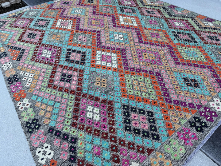 8x10-11 Handmade Afghan Kilim Rug | Grey Aqua Teal Mint Green Baby Pink Orange Saffron Chocolate Brown Burgundy White Ivory Eggplant Black