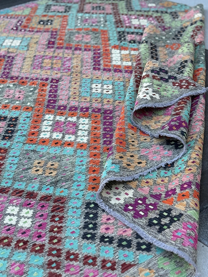 8x10-11 Handmade Afghan Kilim Rug | Grey Aqua Teal Mint Green Baby Pink Orange Saffron Chocolate Brown Burgundy White Ivory Eggplant Black