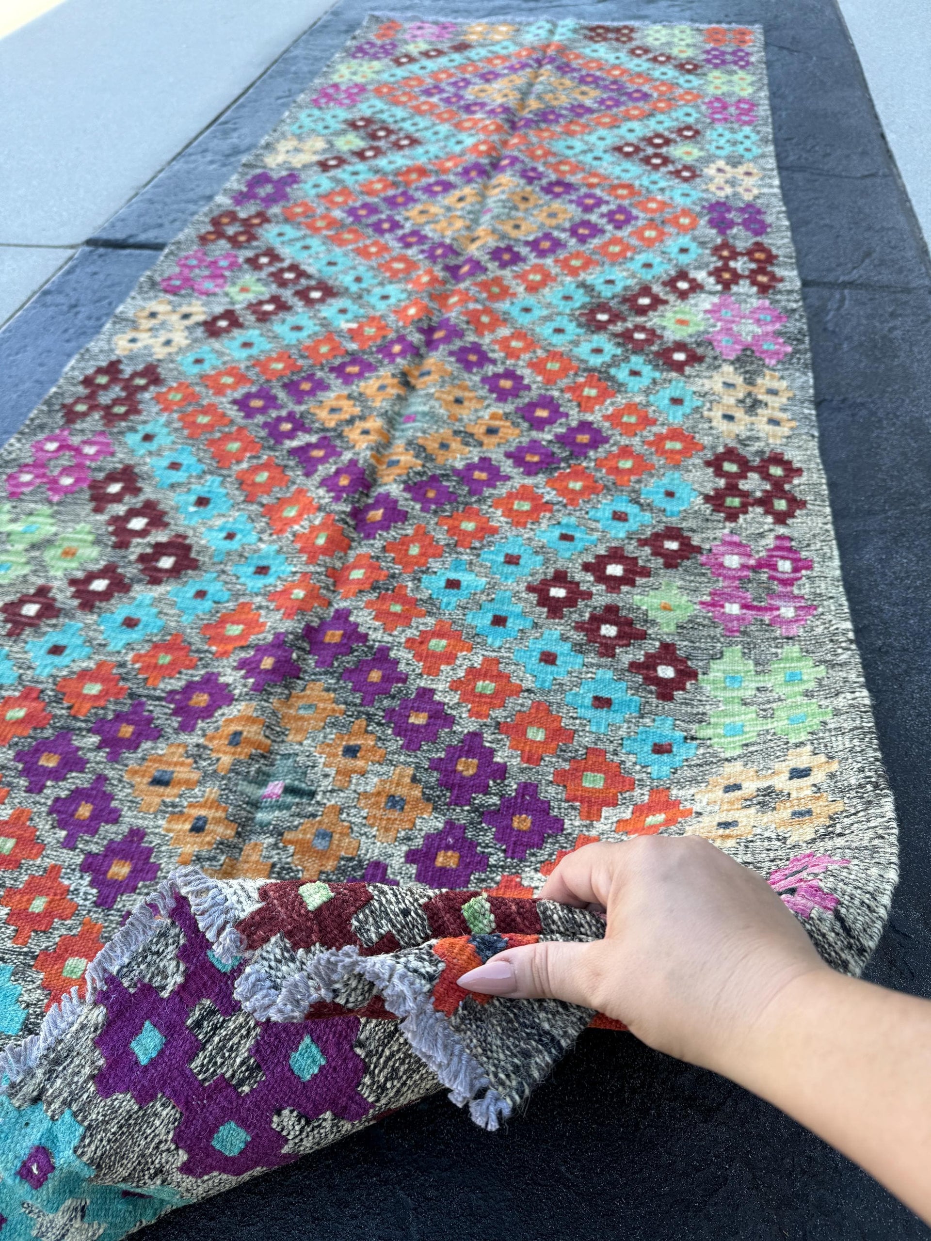 3x8 Handmade Afghan Kilim Runner Rug | Grey Eggplant Purple Orange Saffron Chocolate Brown Blush Pink Lime Green Aqua White Ivory Black