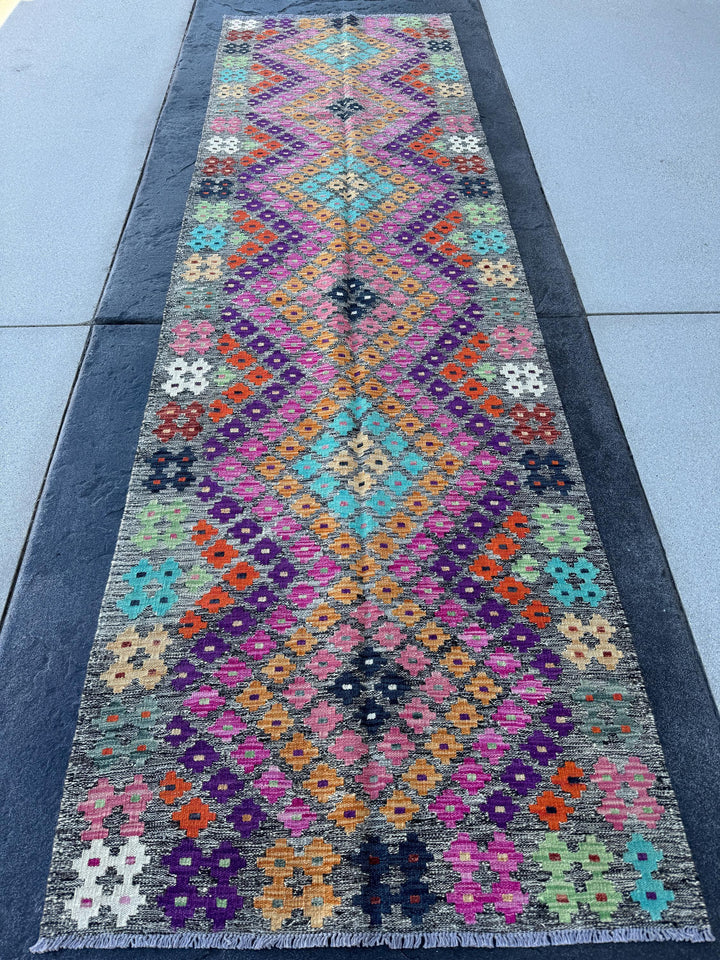 3x10 Handmade Afghan Kilim Runner Rug | Grey Eggplant Purple Orange Saffron Chocolate Brown Blush Pink Lime Green Aqua White Ivory Black