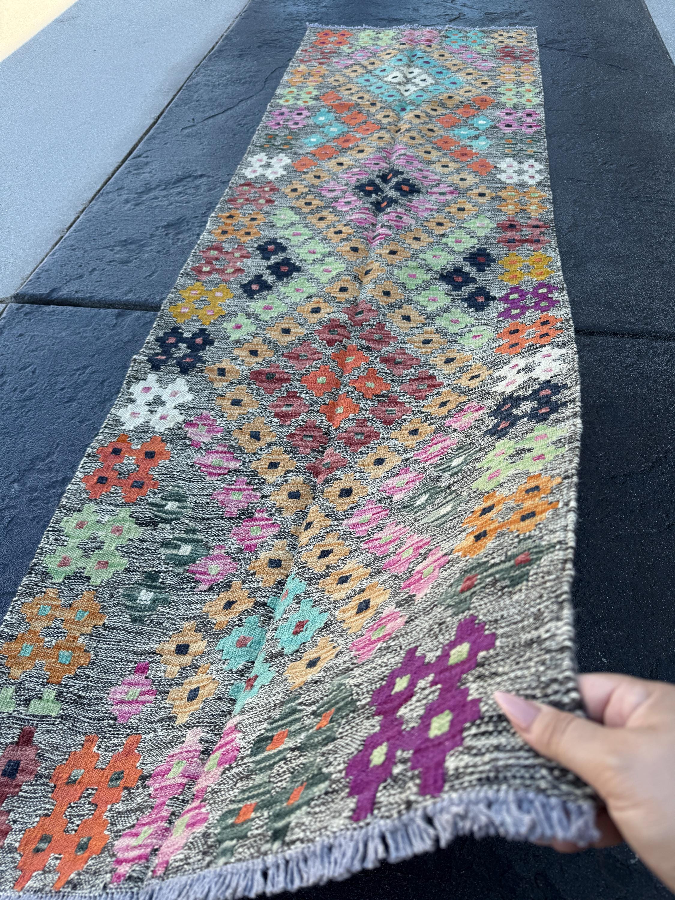 2x7 Handmade Afghan Kilim Runner Rug | Grey Saffron Peach Aqua Mint Green Maroon White Cream Blush Pink Black Orange Teal Plum Purple | Wool