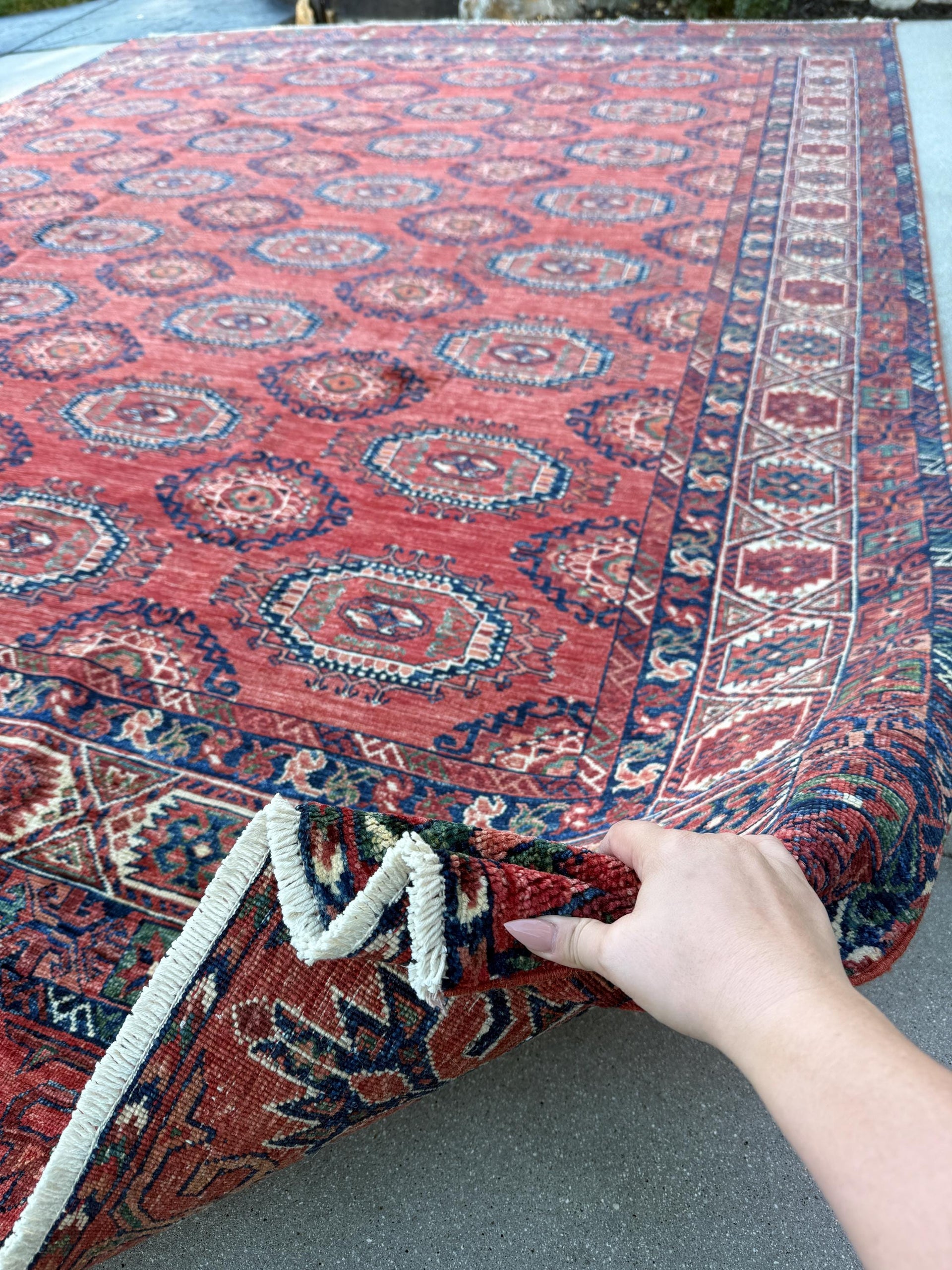 9x12 (274x365) Hand Knotted Afghan Rug | Garnet Cherry Brick Red Forest Green White Cream Ivory Navy Midnight Blue Peach Coral Salmon Pink