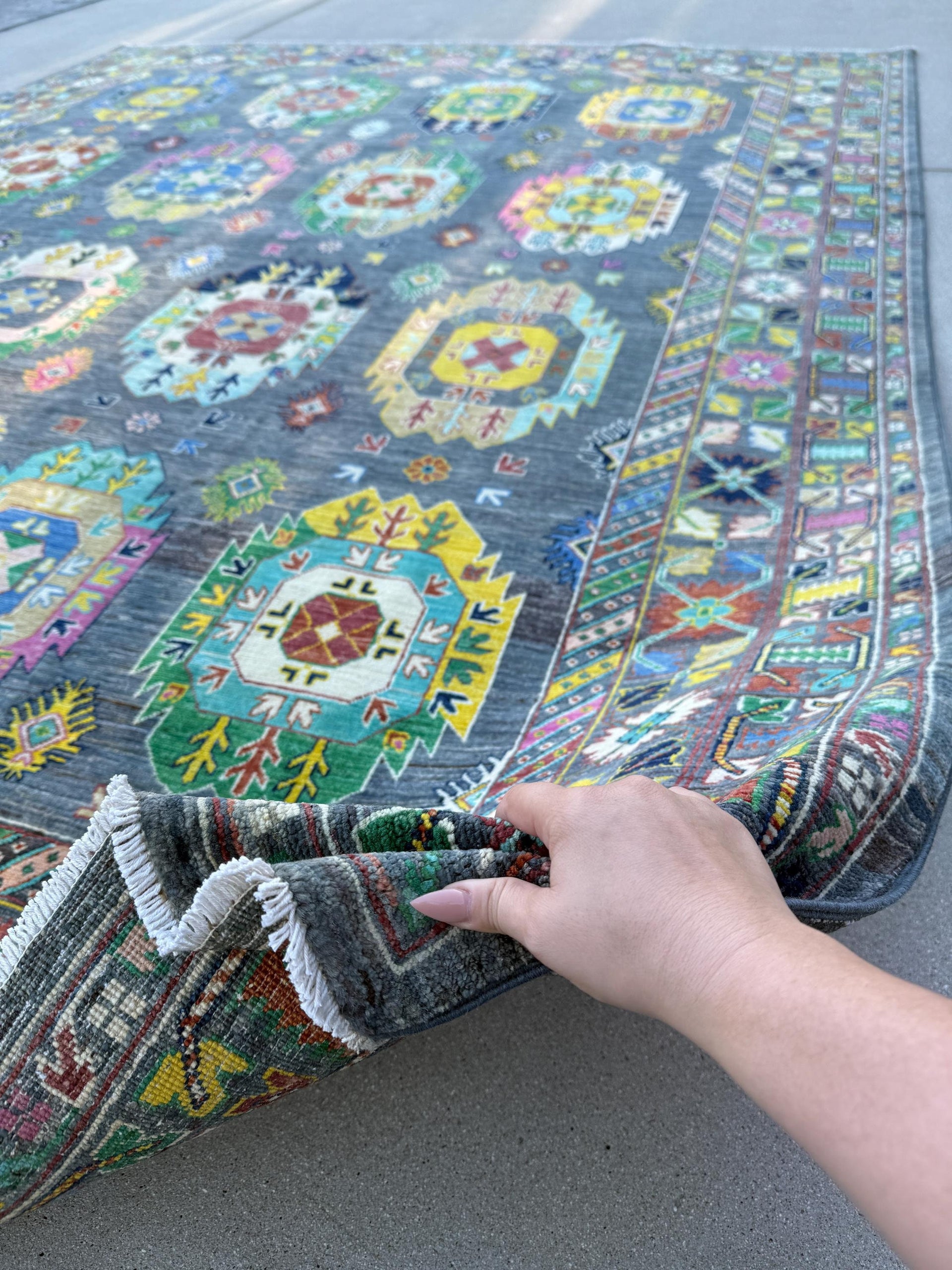 9x12 Handmade Afghan Area Rug | Charcoal Grey Denim Midnight Blue Gold Beige Tan Cream Pine Green Maroon Brick Red Teal Aqua Fuchsia Salmon