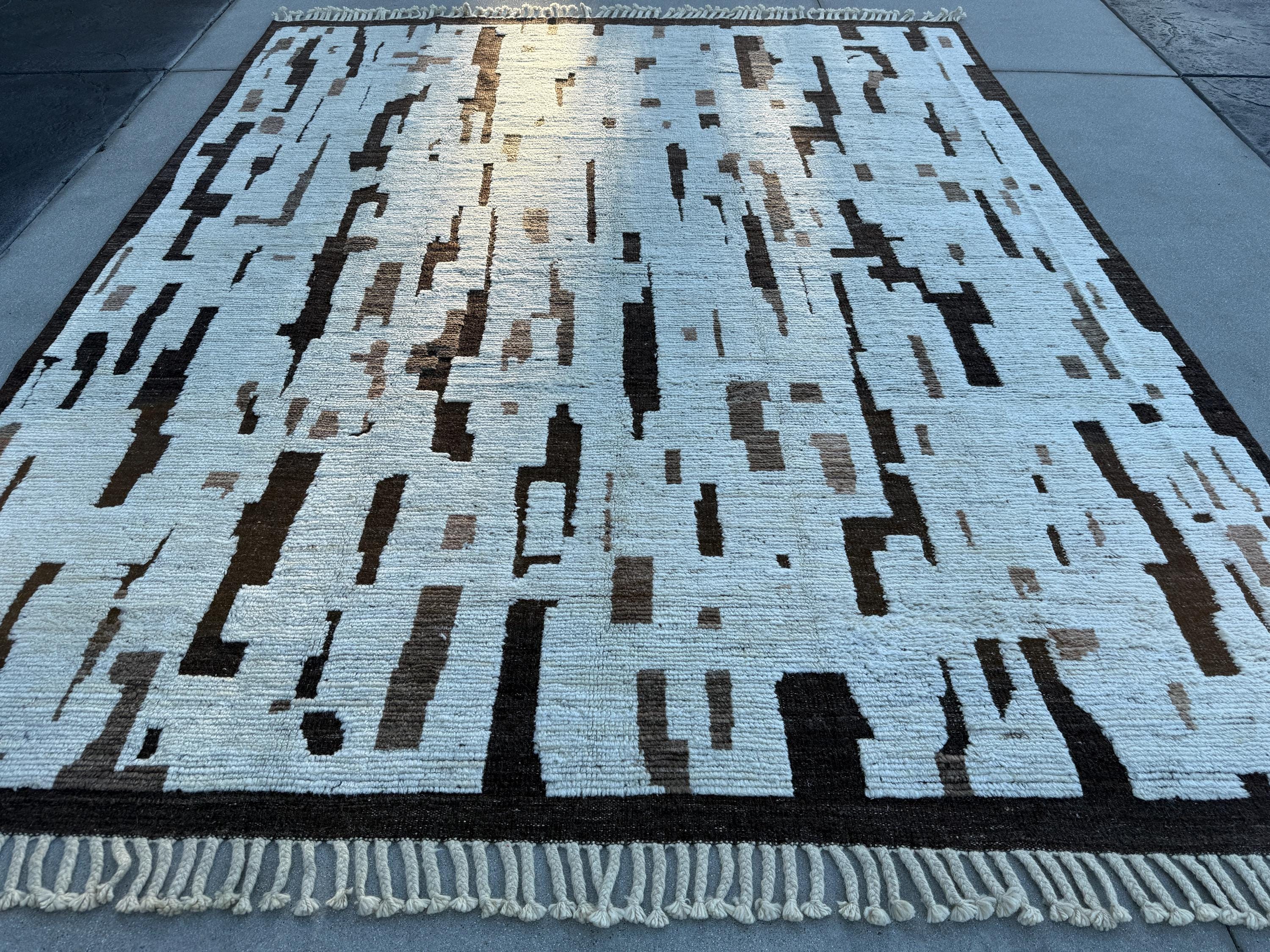 11x15 (335x457) Handmade Afghan Moroccan Rug | White Ivory Cream Beige Tan Taupe Coffee Mocha Brown | Wool Plush Berber Beni Shag Abstract