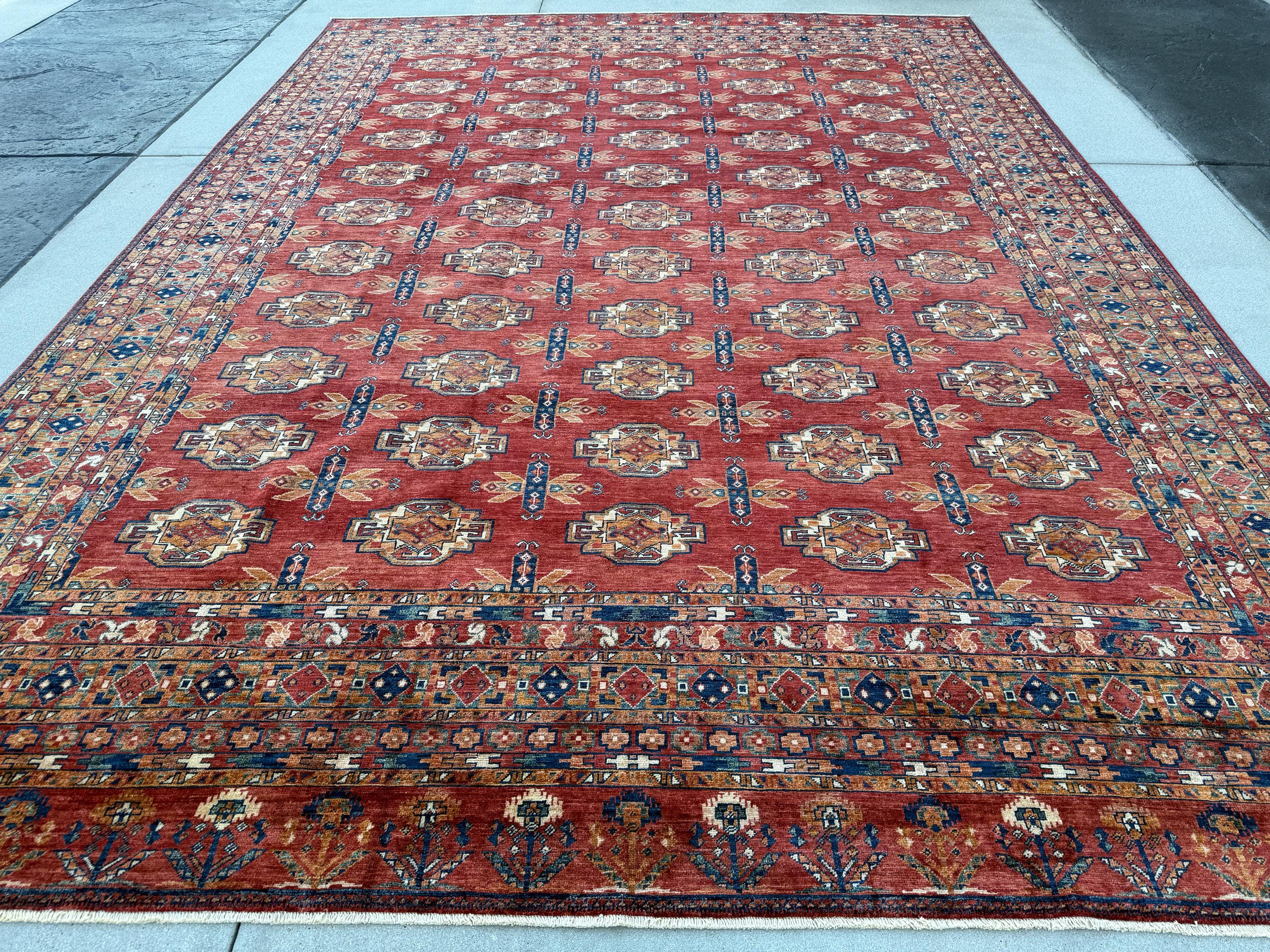 10x14 (305x427) Hand Knotted Afghan Rug | Crimson Garnet Brick Red Coral Peach Rust Orange Navy Midnight Denim Blue Cream Pine Green| Wool