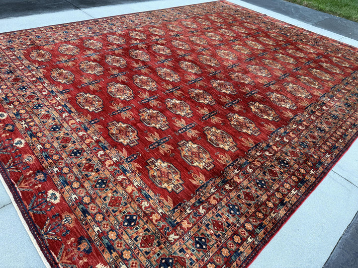 10x14 (305x427) Hand Knotted Afghan Rug | Crimson Garnet Brick Red Coral Peach Rust Orange Navy Midnight Denim Blue Cream Pine Green| Wool