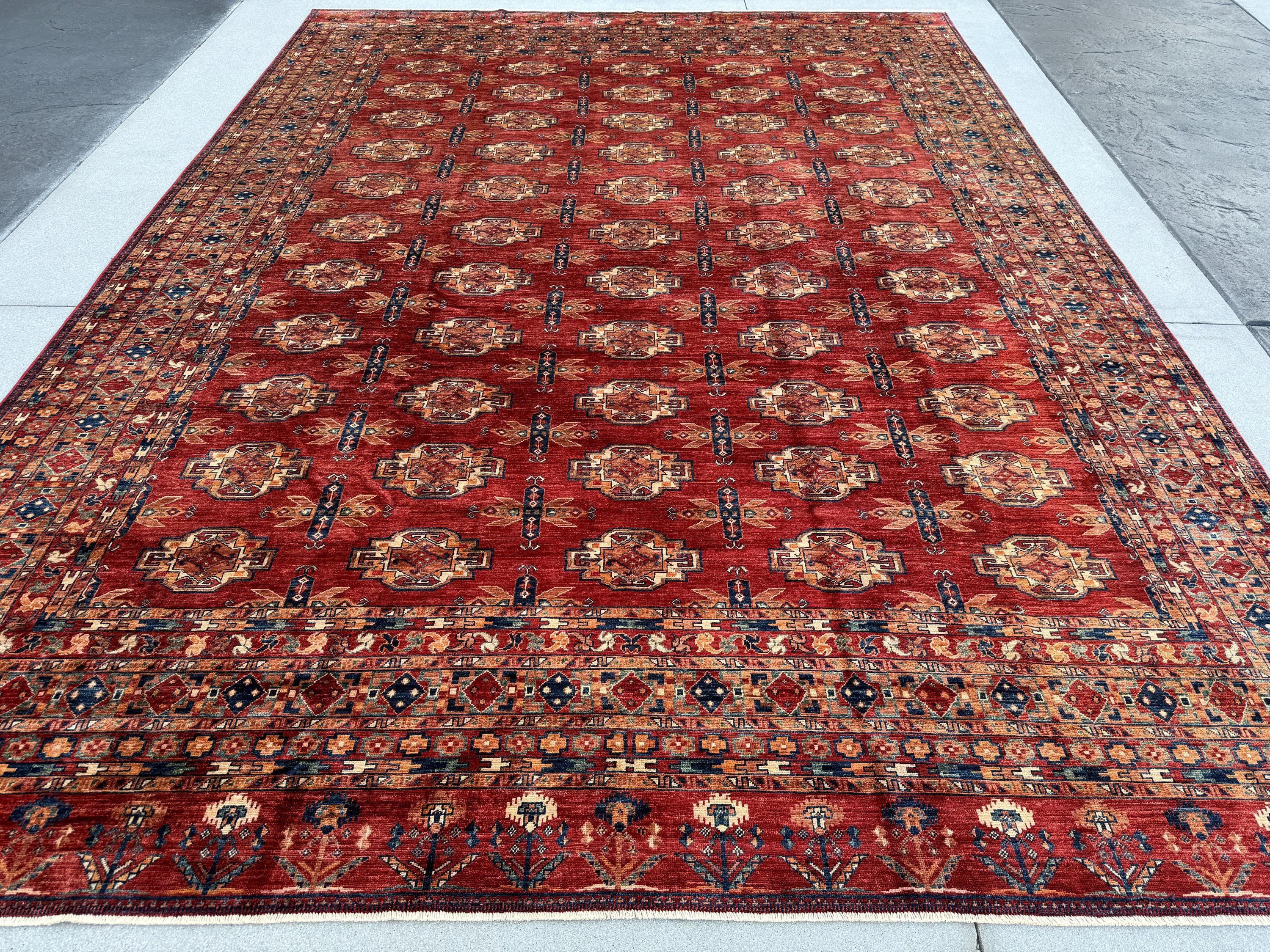 10x14 (305x427) Hand Knotted Afghan Rug | Crimson Garnet Brick Red Coral Peach Rust Orange Navy Midnight Denim Blue Cream Pine Green| Wool