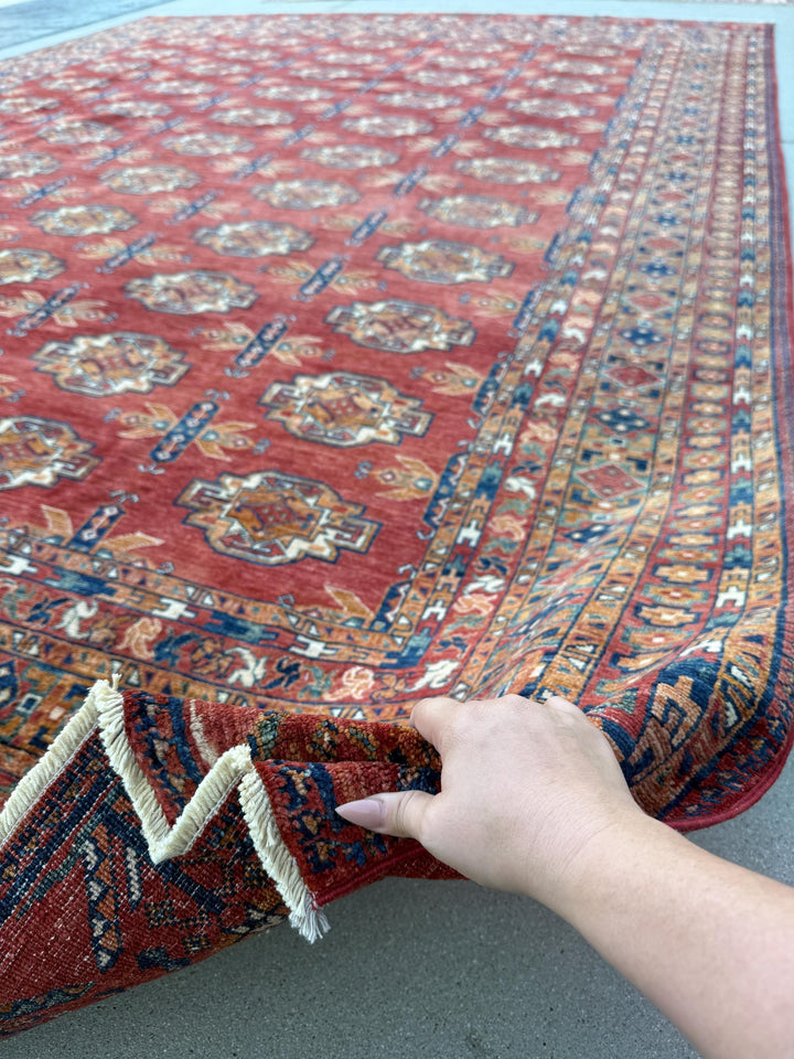 10x14 (305x427) Hand Knotted Afghan Rug | Crimson Garnet Brick Red Coral Peach Rust Orange Navy Midnight Denim Blue Cream Pine Green| Wool