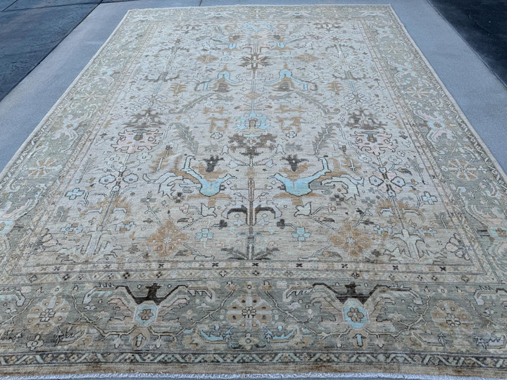 9x12 (274x366) Handmade Afghan Area Rug | Taupe Sand Mocha Chocolate Brown Beige Tan Aqua Powder Blue Sage Green Gold Grey | Wool Oushak