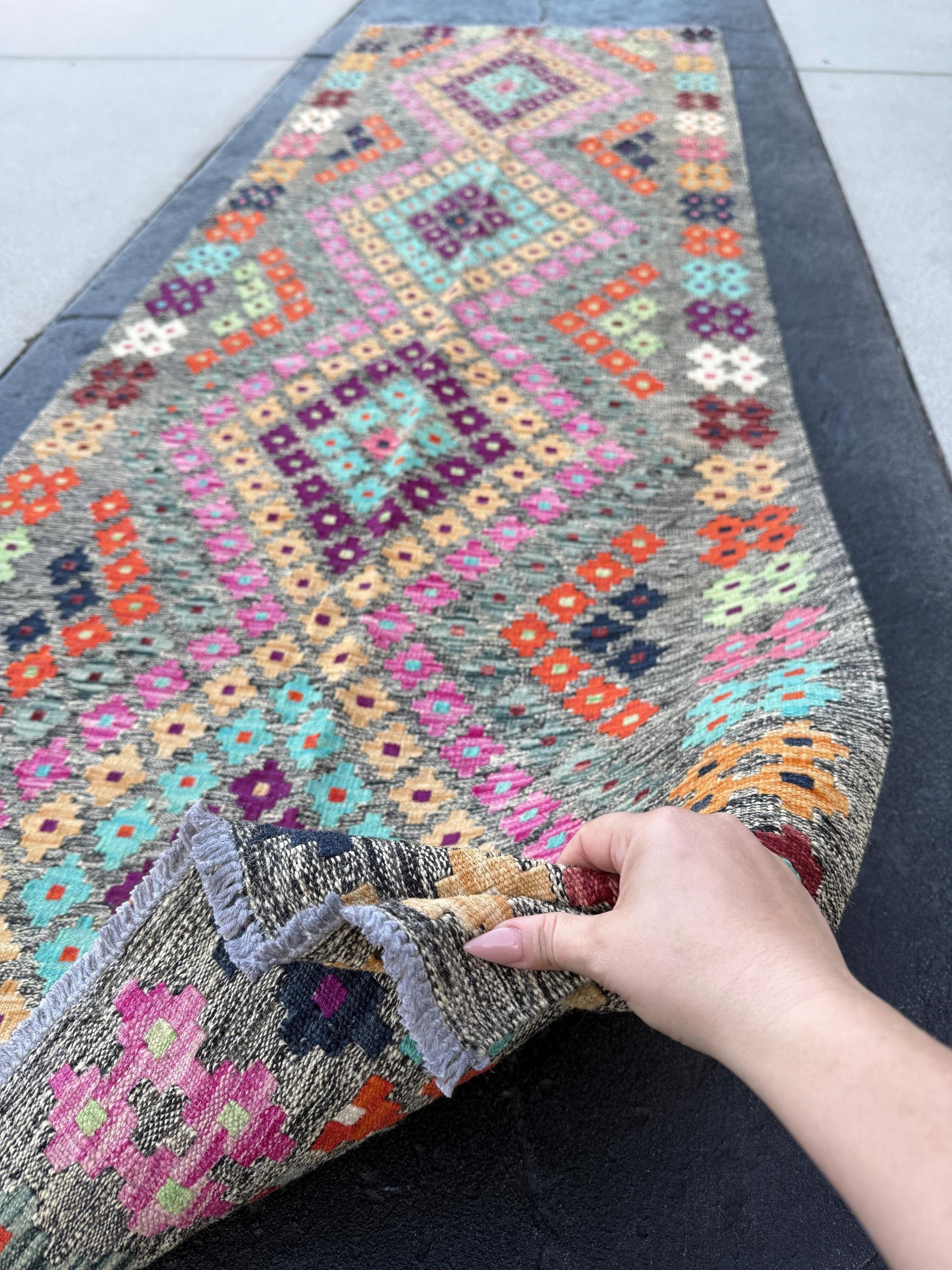 3x10 (91x304) Handmade Afghan Kilim Rug | Grey Prussian Midnight Blue Turquoise Maroon Mint Green Orange Blush Fuchsia Pink Plum Peach White