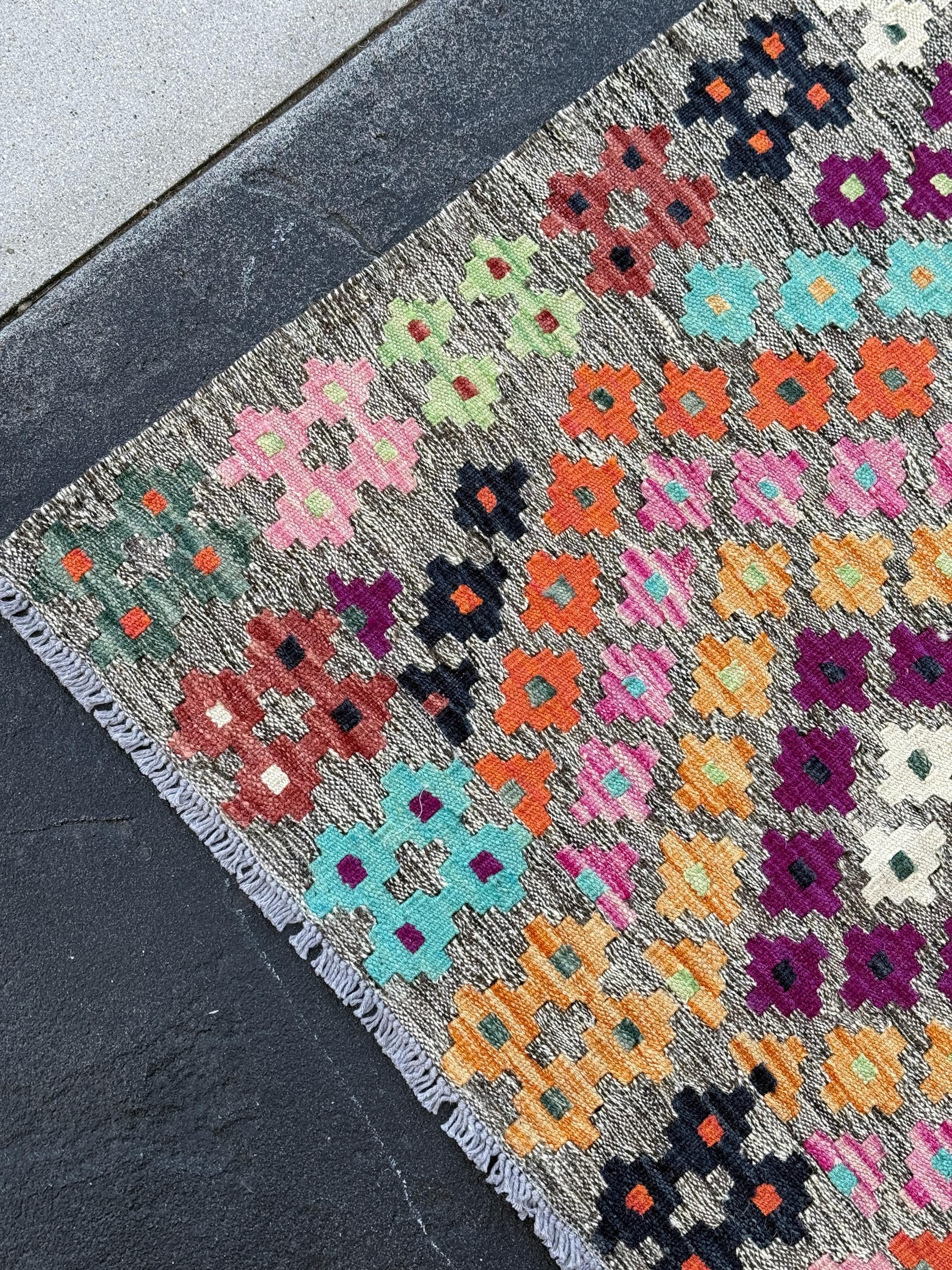 3x10 Handmade Afghan Kilim Rug | Grey White Ivory Turquoise Aquamarine Blue Sage Mint Green Black Orange Plum Maroon Brick Baby Pink Saffron